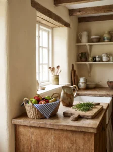 LUSTIGKURRE woven basket filled with fruit in a cottagecore kitchen