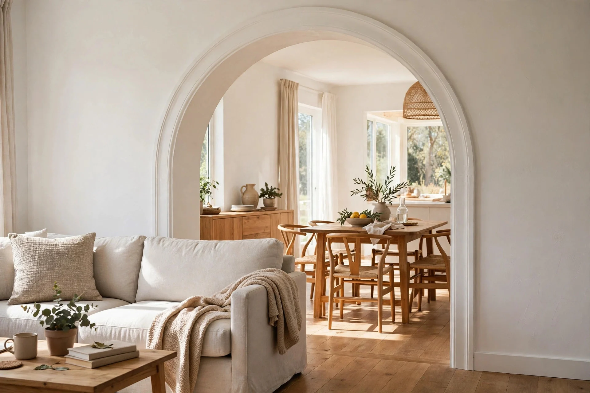 Sunlit living room with a wide arched doorway opening
