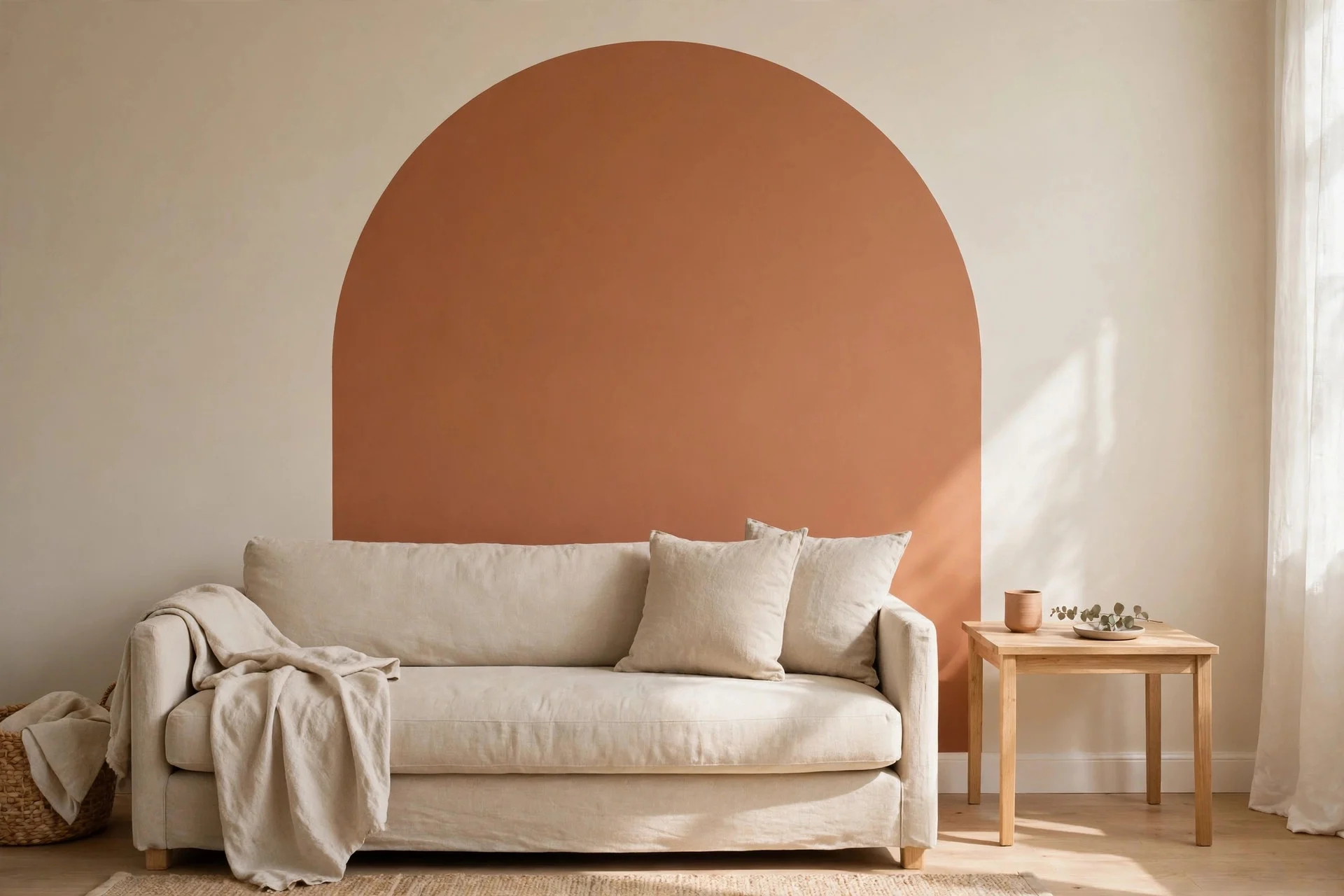 Beige living room wall with a painted arch behind the sofa