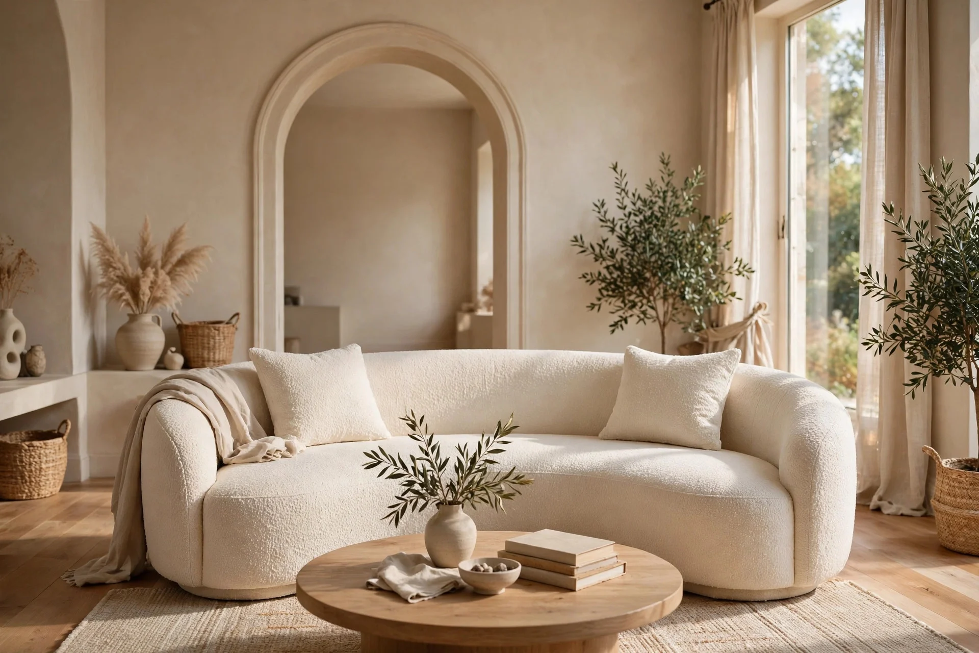 Curved cream sofa centered in a bright living room