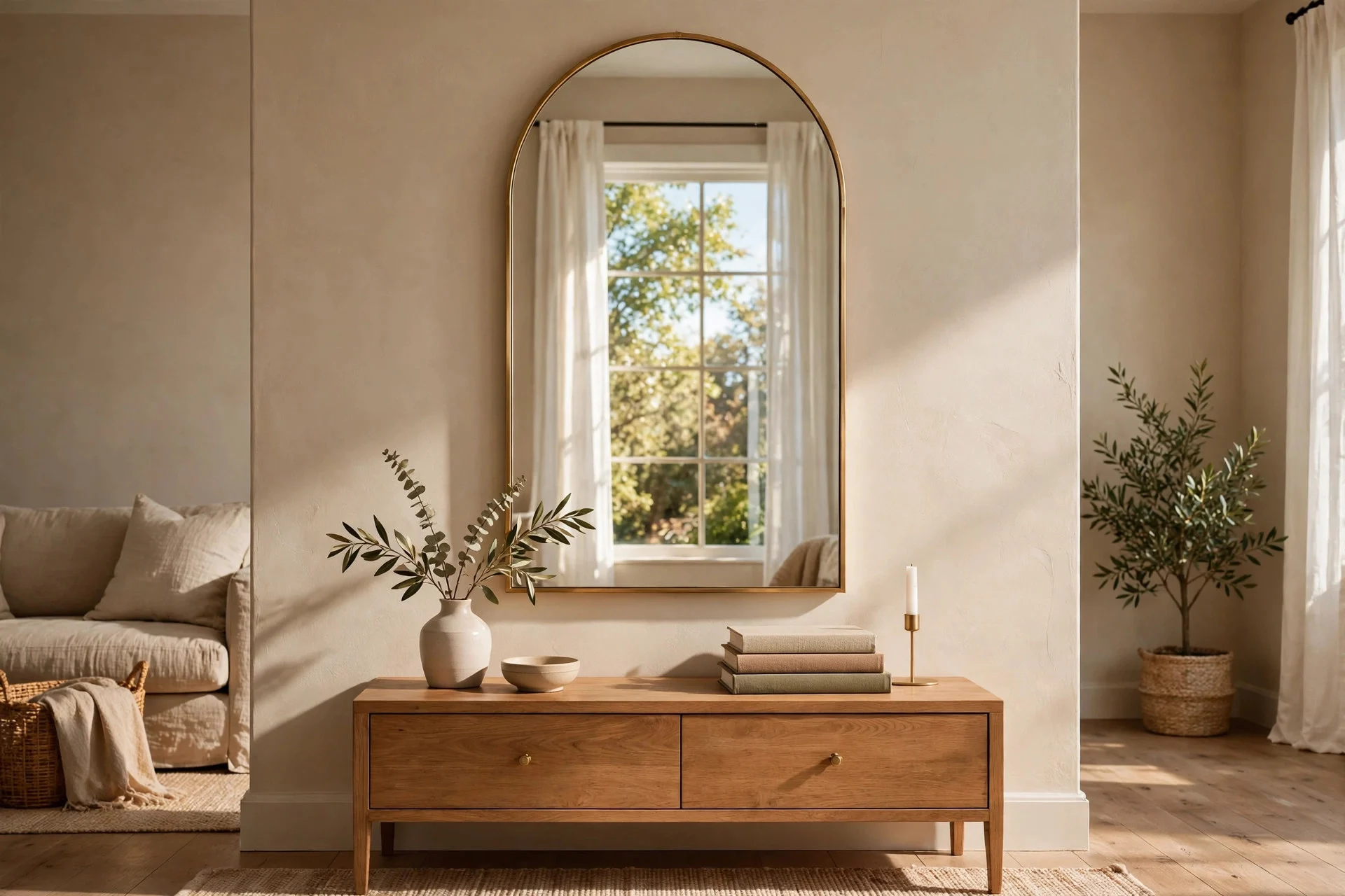 Tall arched mirror with brass frame above a console table