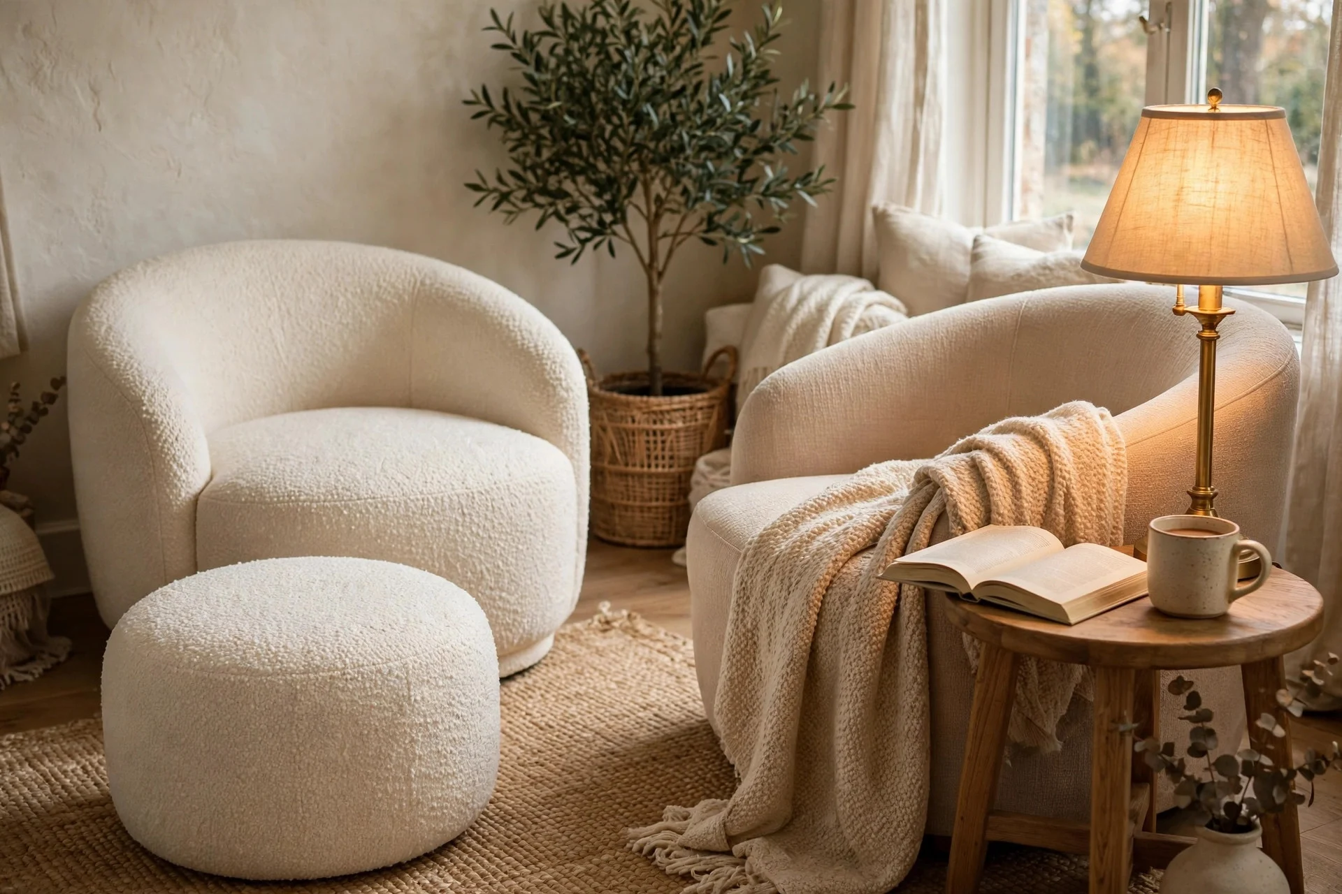 Round barrel chair with a round ottoman in a cozy corner