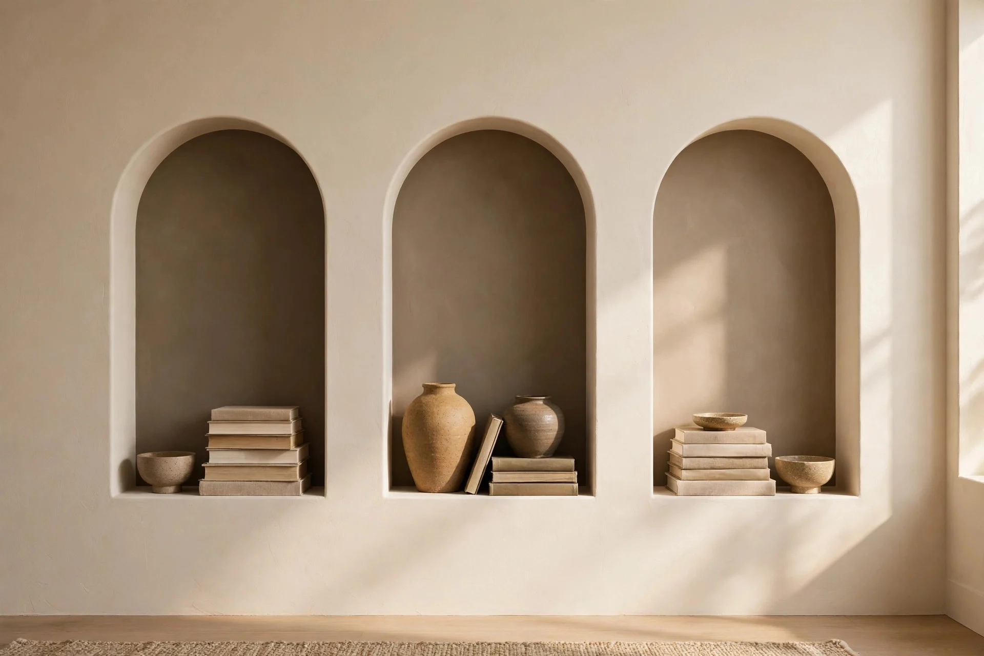 Living room wall with arched niches holding ceramics and books