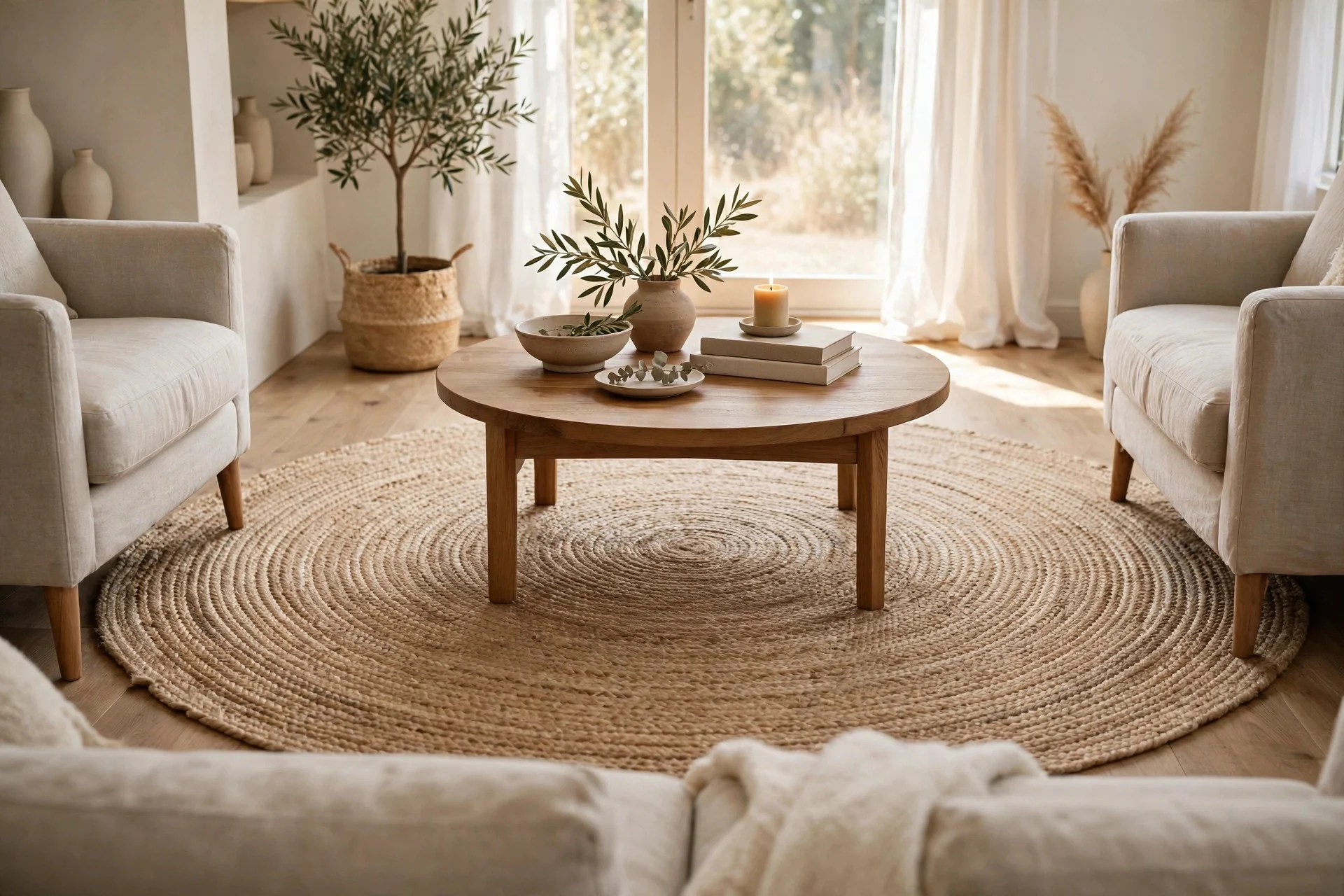 Round jute rug centered under a wooden coffee table