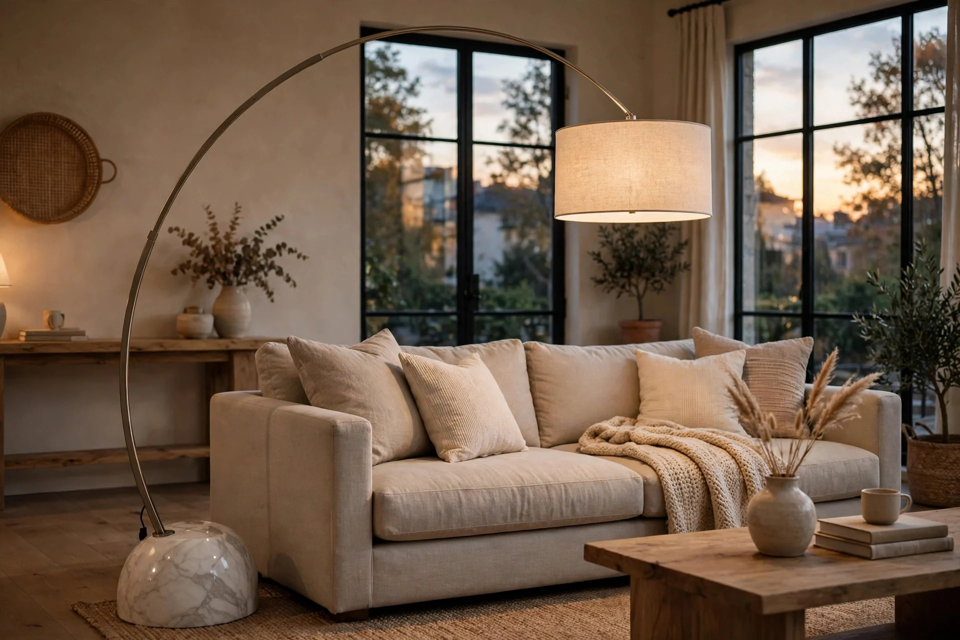 Arc floor lamp curving over a sofa in a warm living room