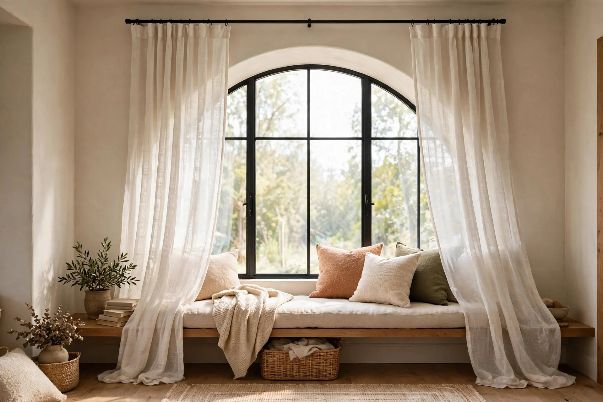 Arched living room window with linen curtains hung above it