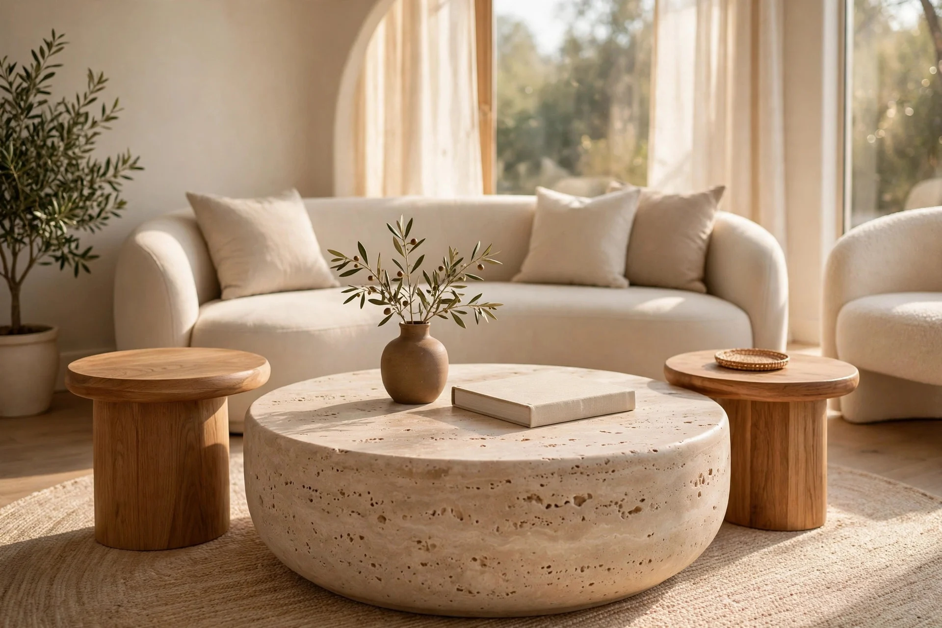 Round travertine coffee table with curved side tables nearby