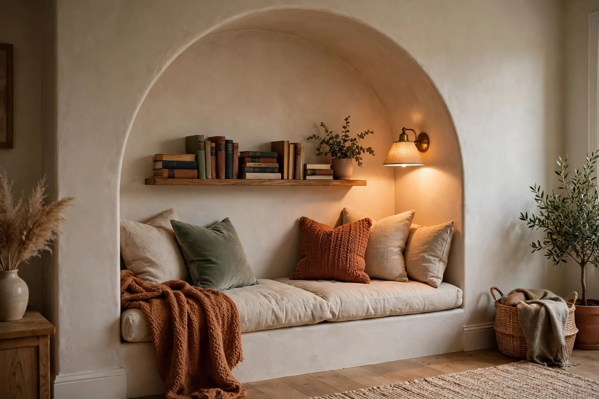 Arched alcove reading nook with a cushioned bench and books