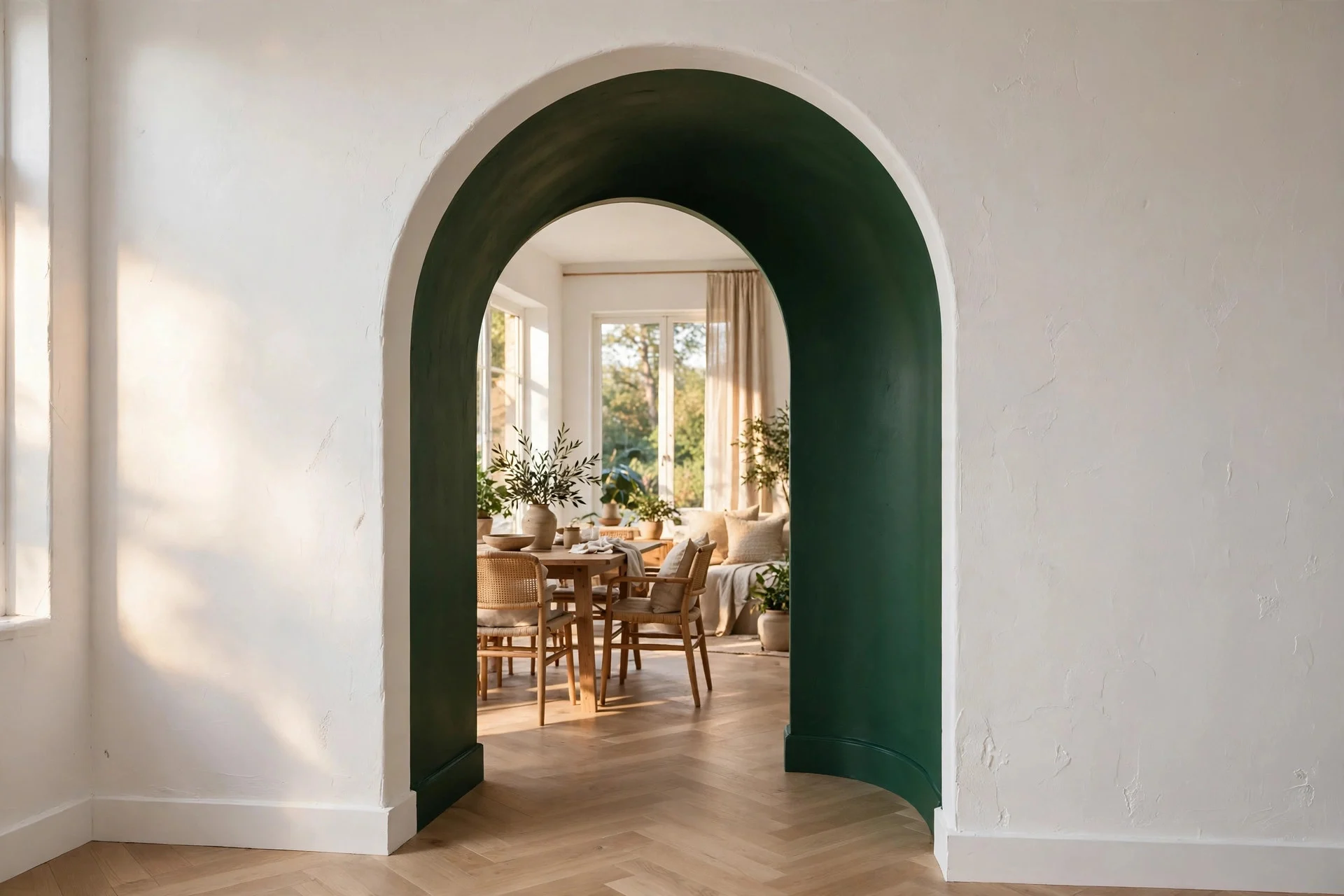 White arched doorway with a deep green painted interior reveal