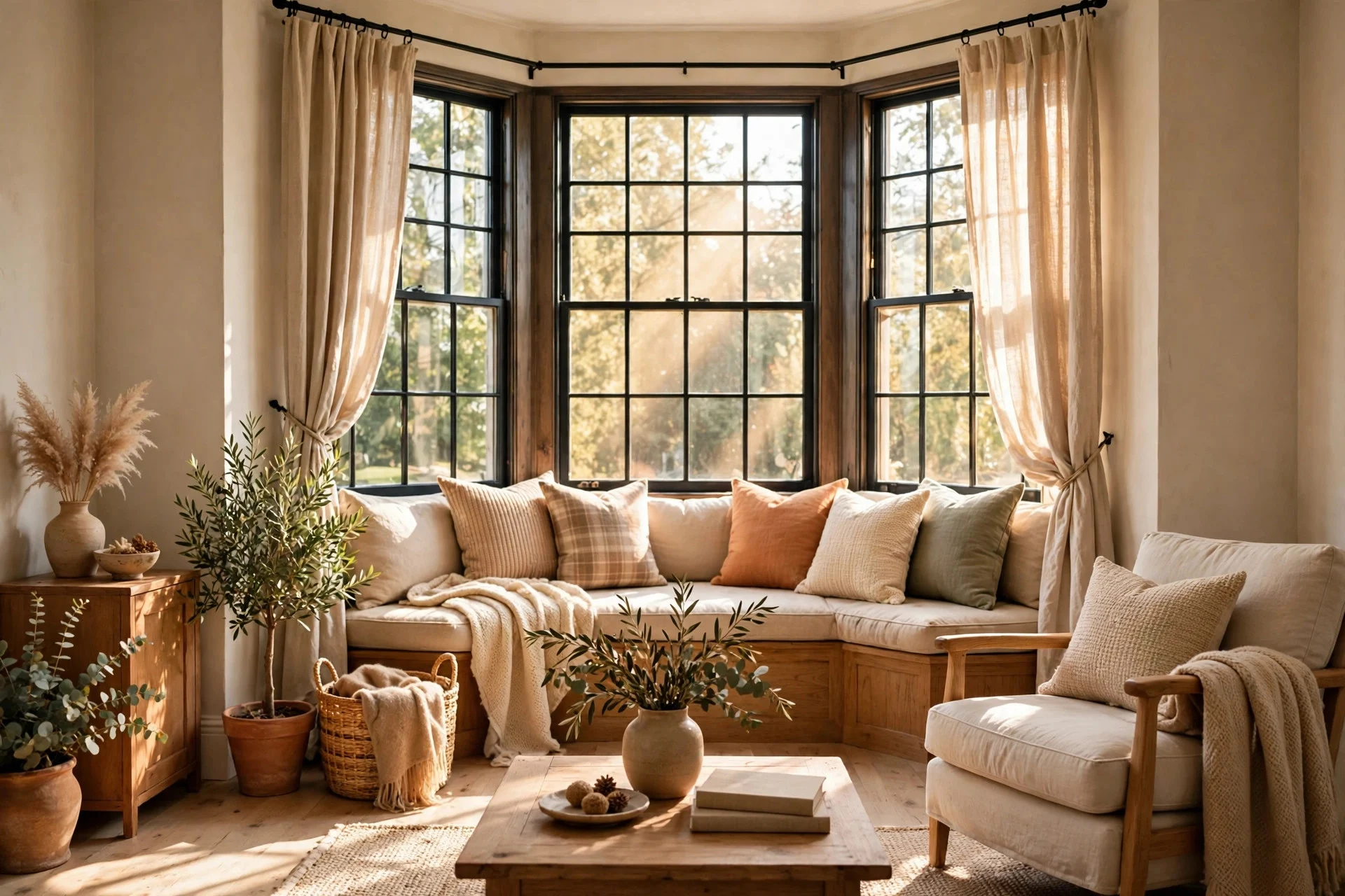 Sunlit living room with a cozy window seat inside a large bay window