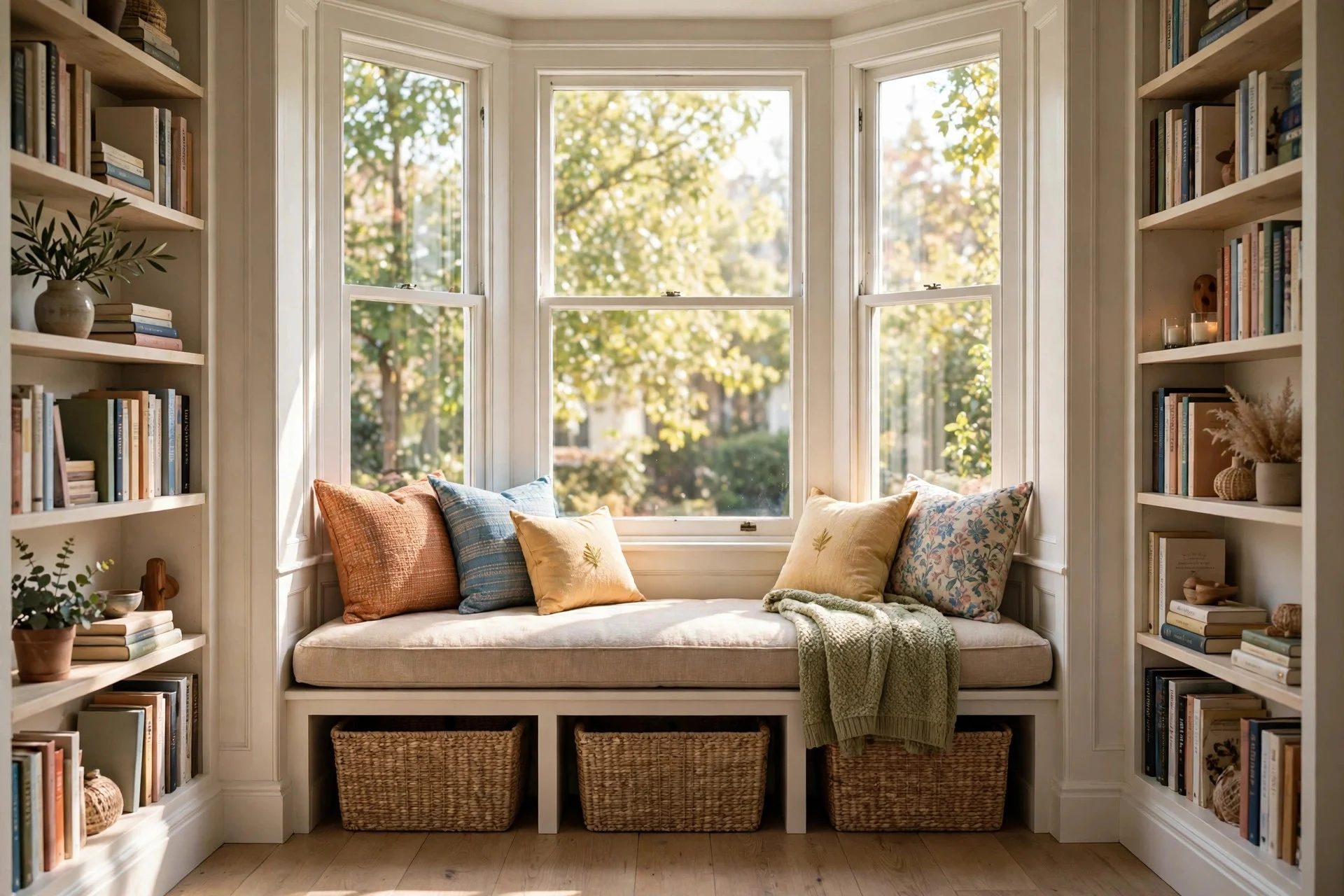 Built-in window seat cushion with storage baskets and flanking bookshelves