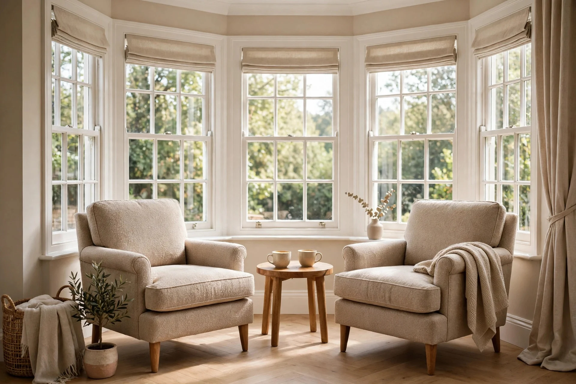Two armchairs angled in bright bay window with small round table