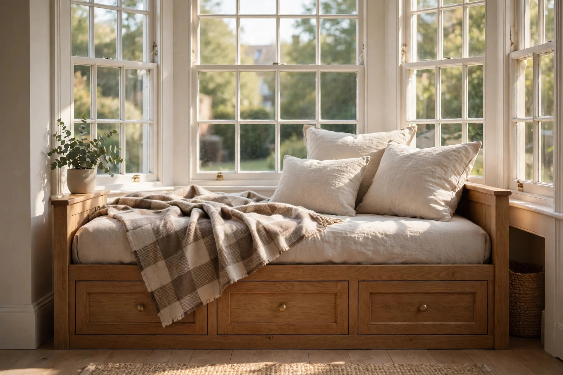 Wooden daybed with storage drawers beneath a sunny bay window