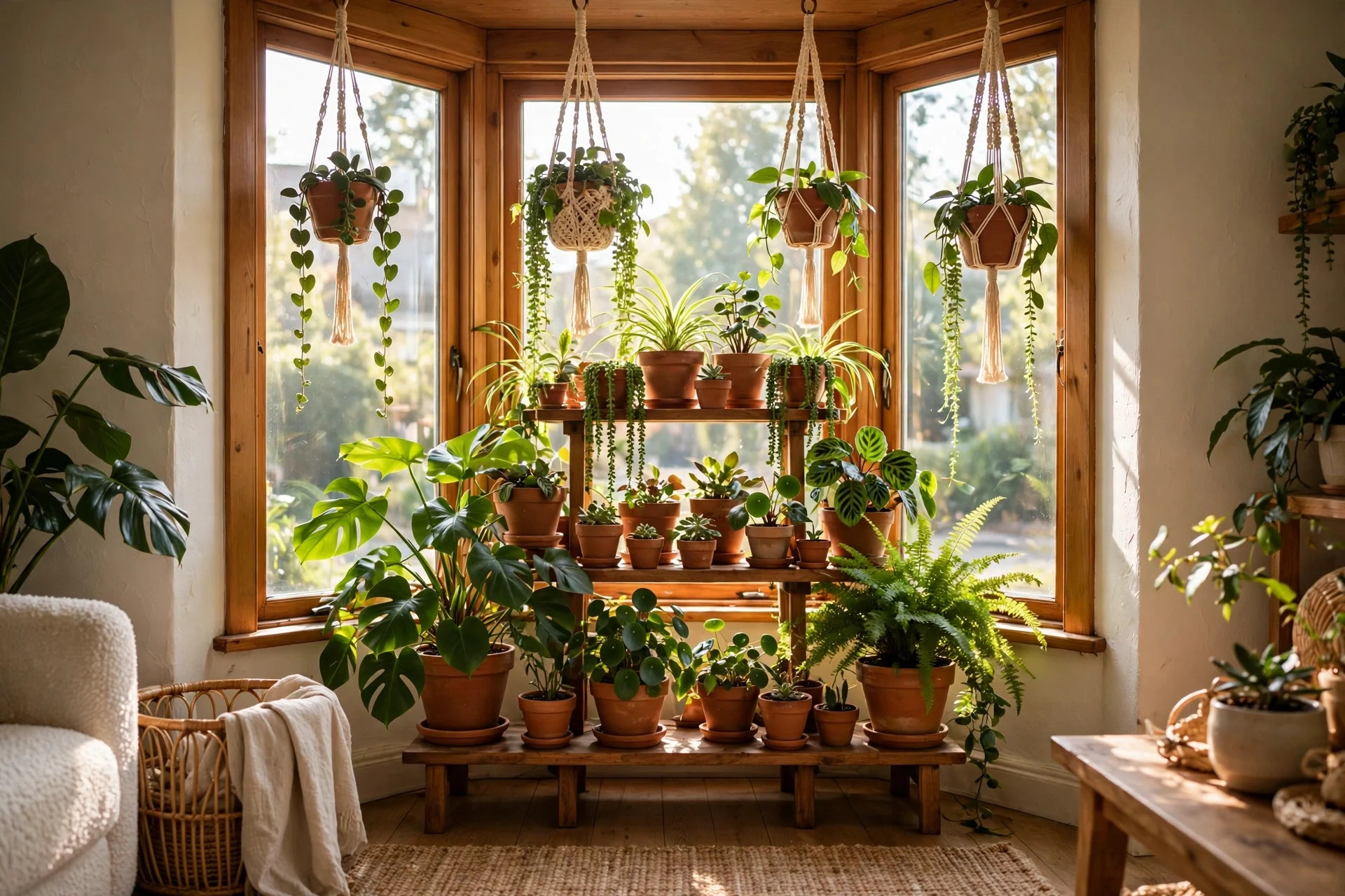 Bay window filled with houseplants on tiered stands in terracotta pots