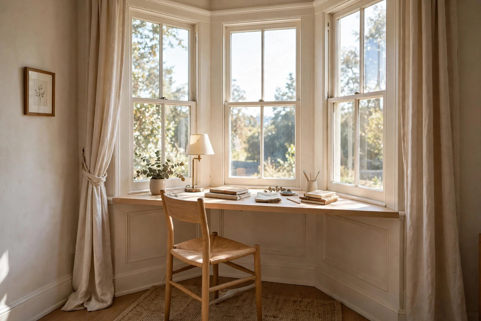 Slim wooden desk and chair set into a sunny bay window alcove