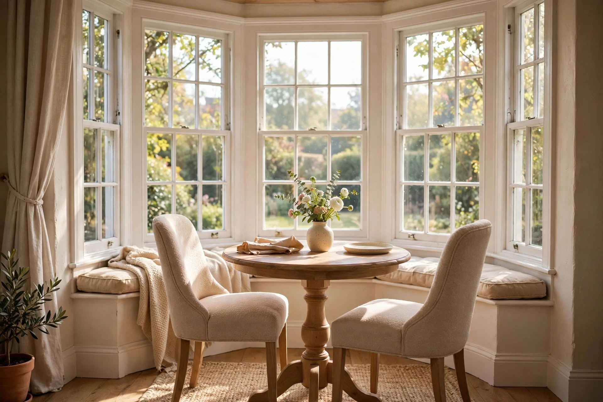 Round pedestal table with two chairs tucked into a bay window