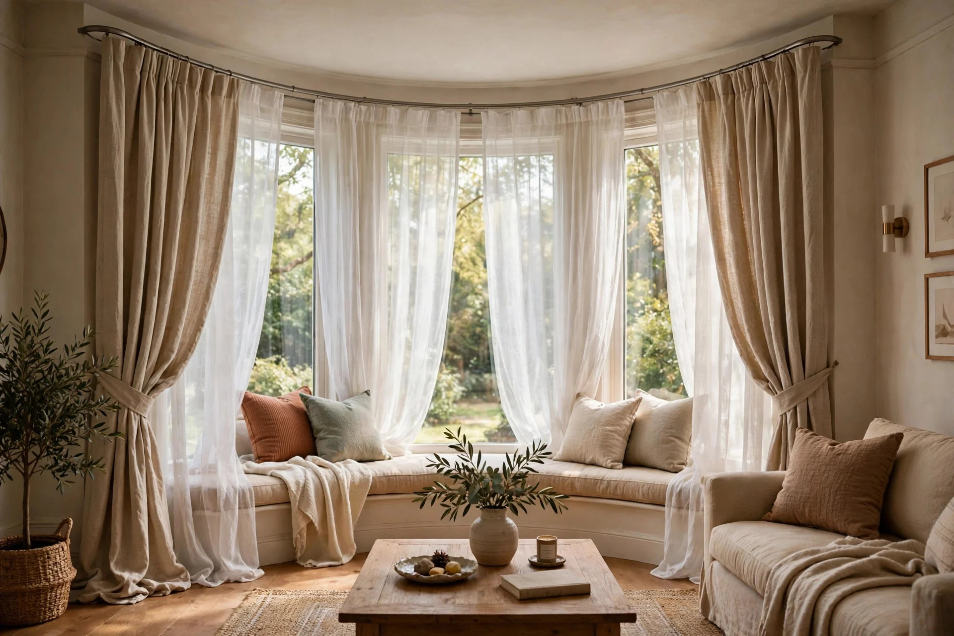 Layered sheer and linen curtains on a curved bay window track
