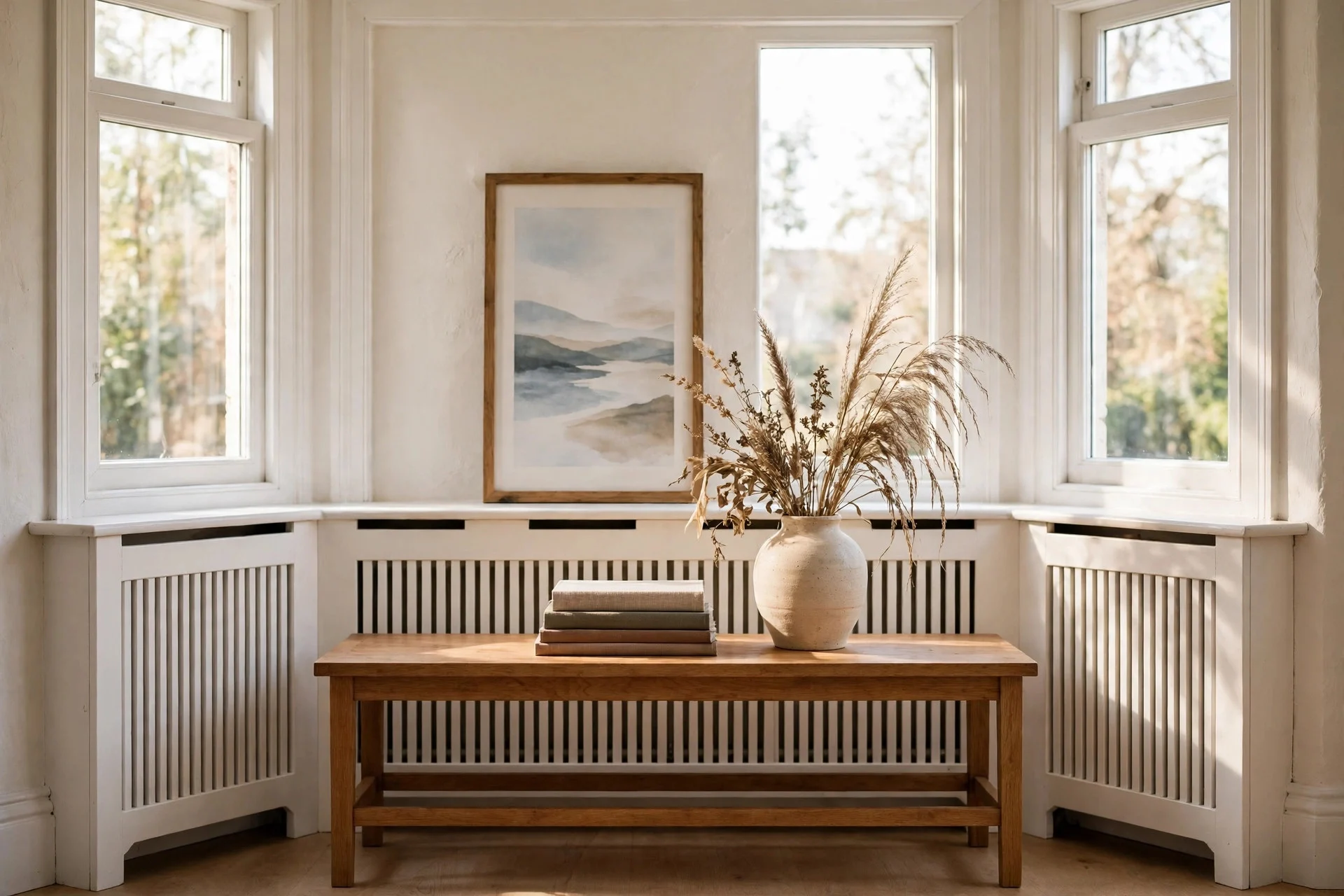 Styled console table over a radiator cover beneath a bay window