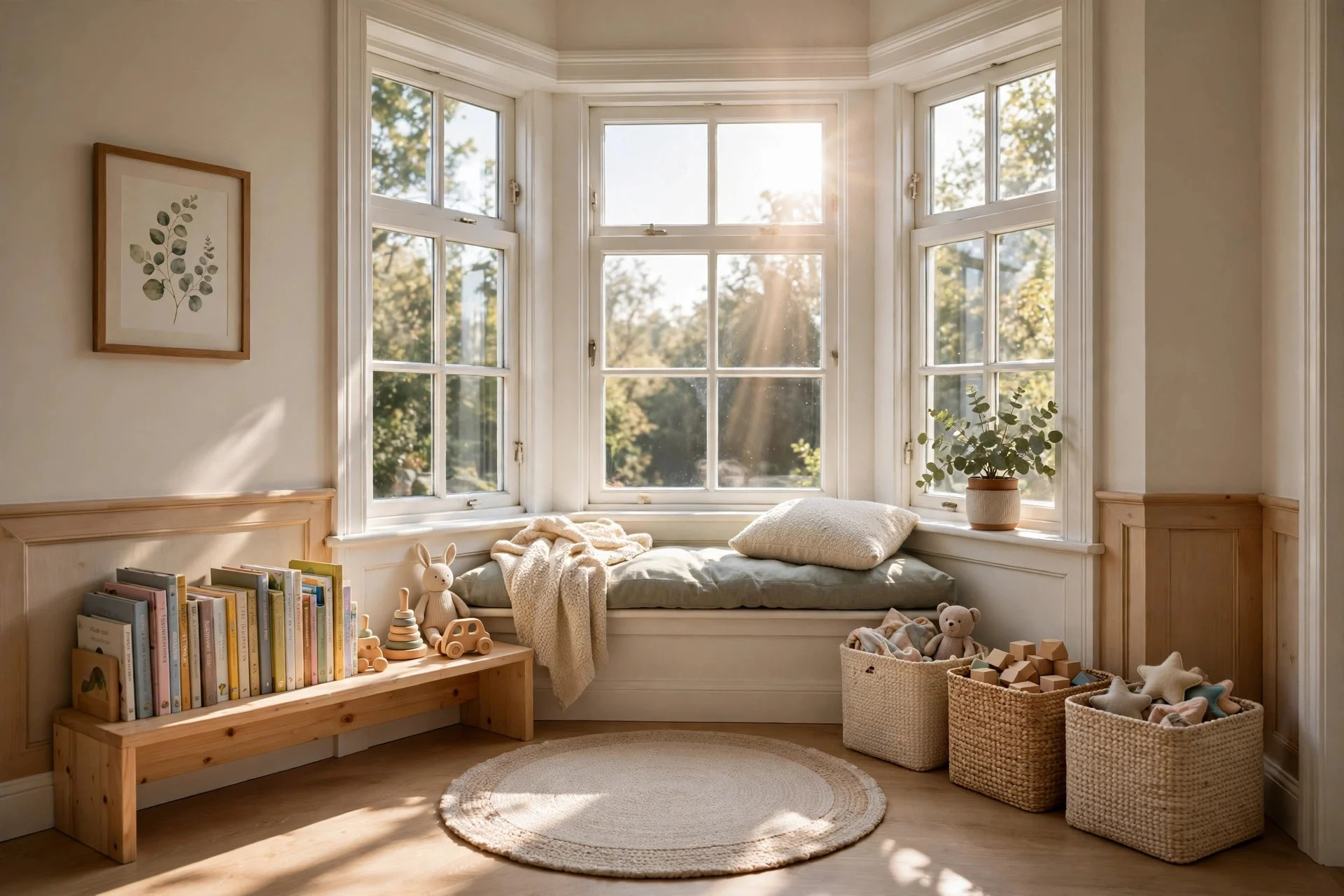 Kids play nook with rug and toy bins in a bay window