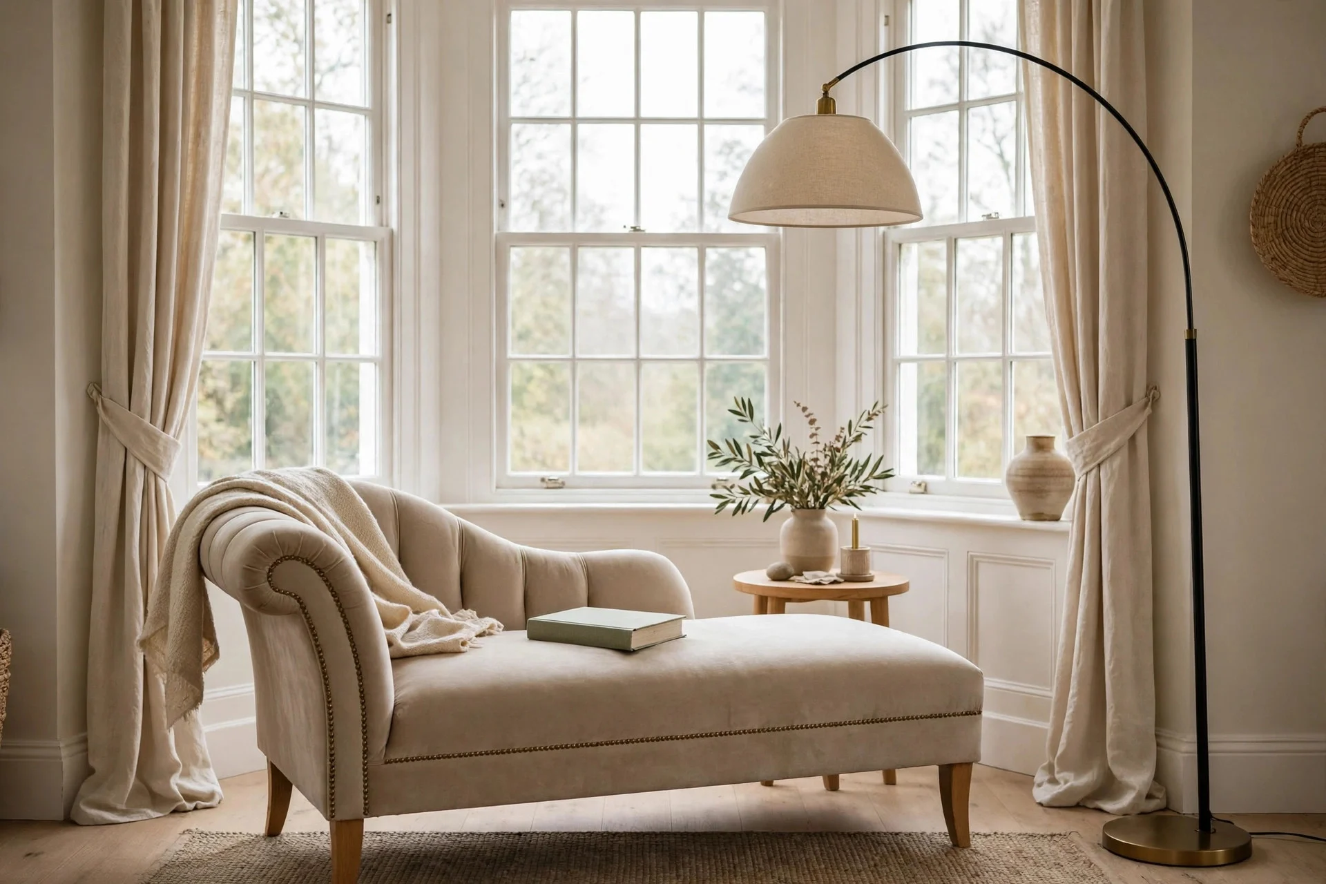 Elegant chaise lounge with floor lamp in a bay window corner