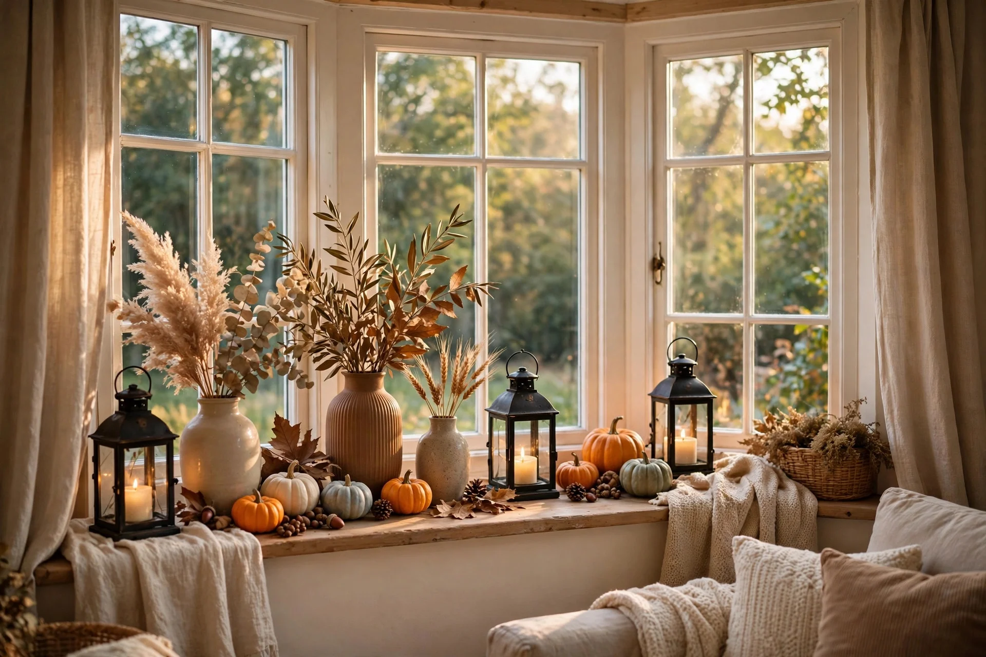 Seasonal display of vases and lanterns along a bay window sill