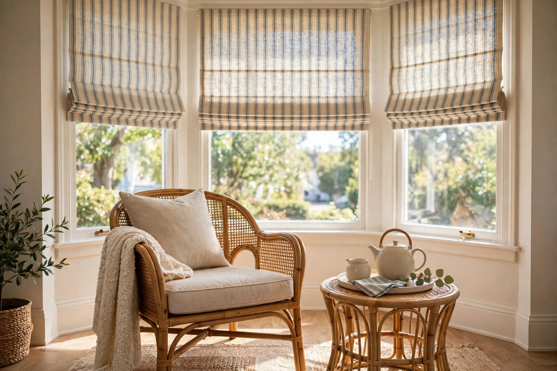 Striped roman shades with rattan reading chair at a bay window