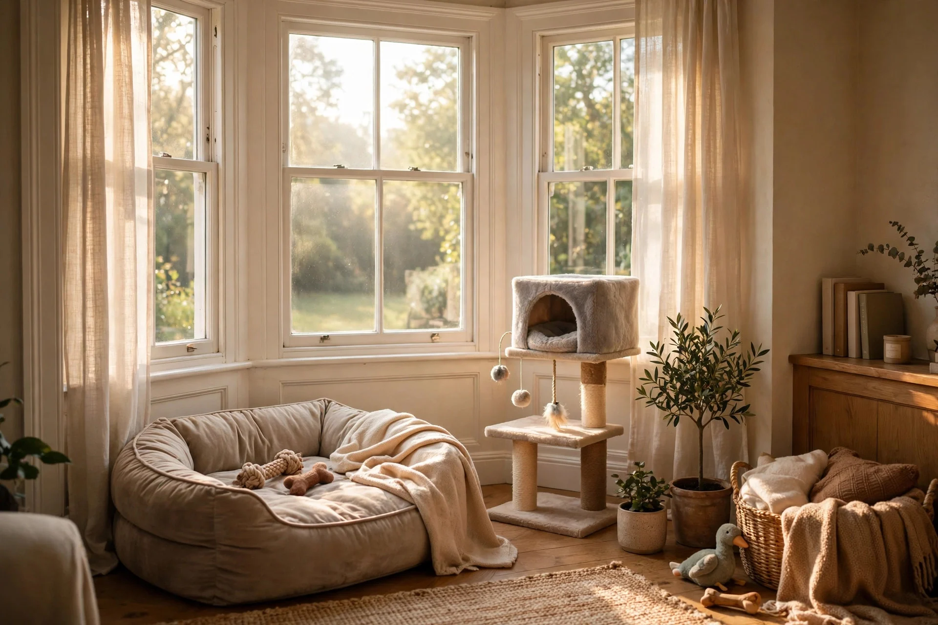 Sunny pet corner with dog bed and cat tree by bay windows