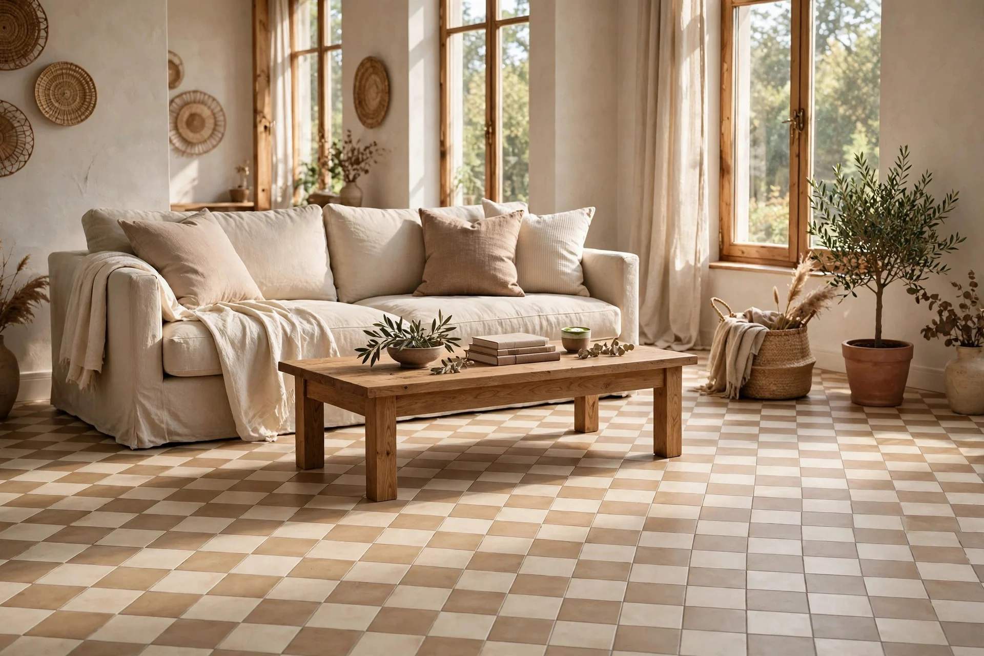 Living room with black and warm cream checkerboard tile floor