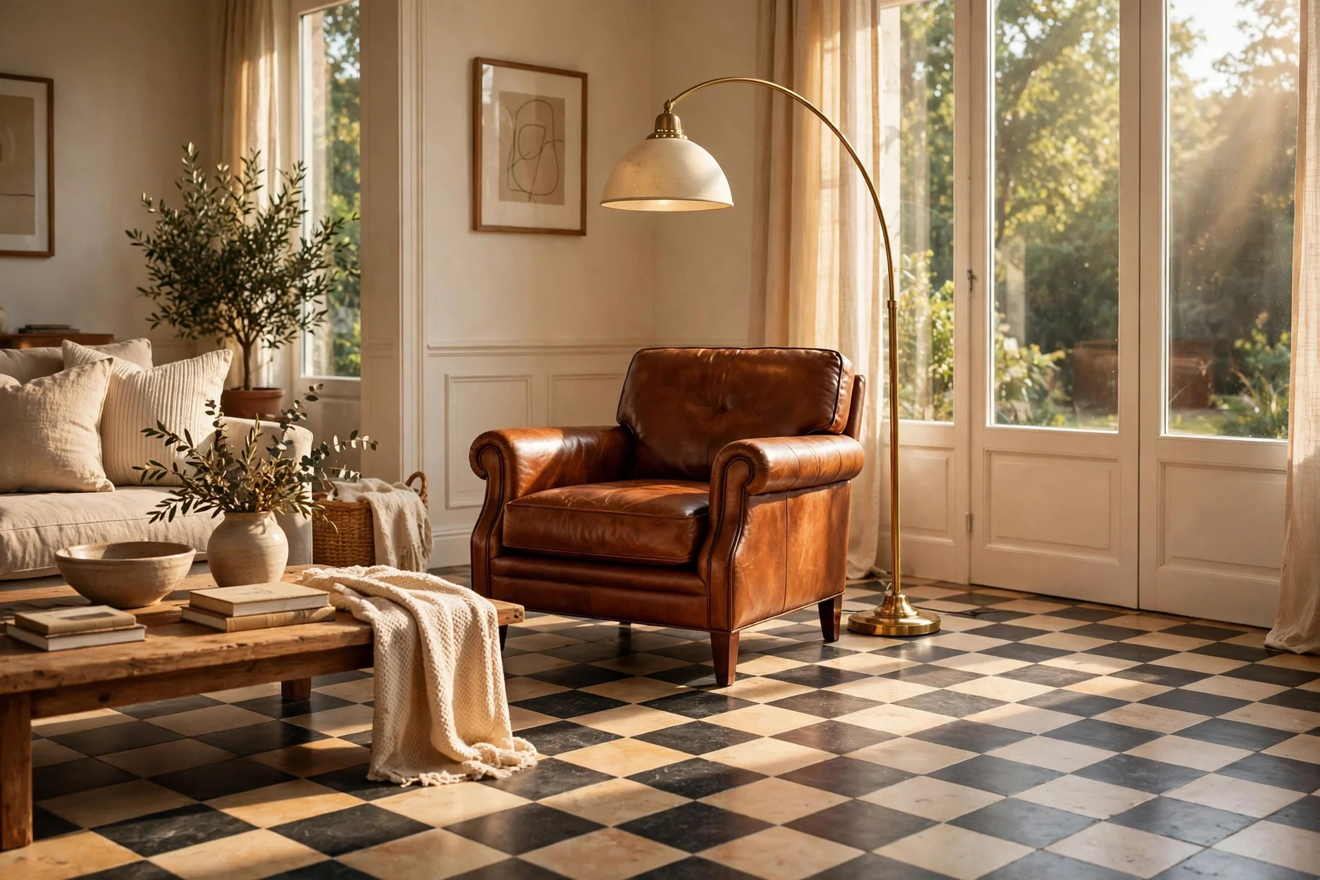 Living room with black and warm cream checkerboard tile floor