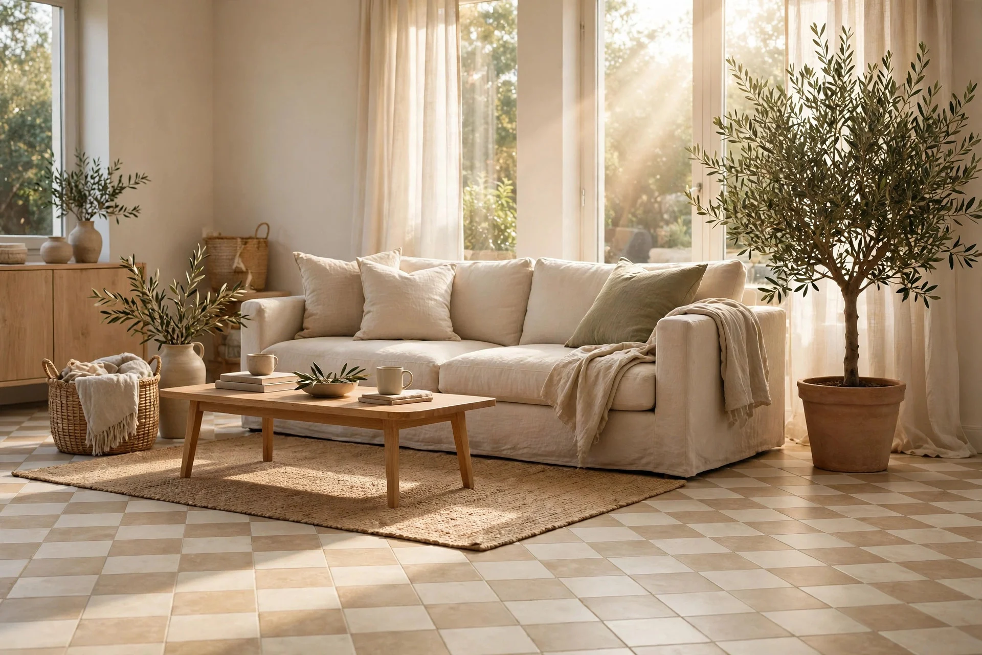 Beige and ivory tonal checkerboard floor under linen sofa