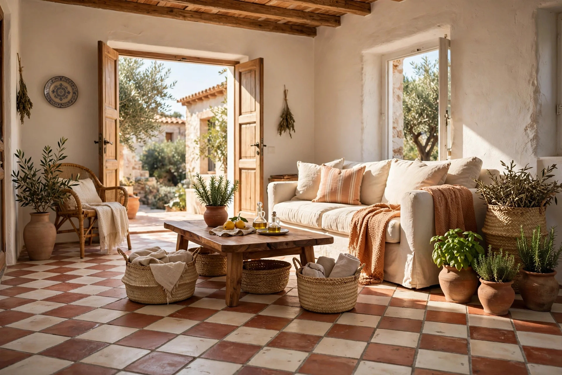 Terracotta and cream checkerboard floor in Mediterranean living room