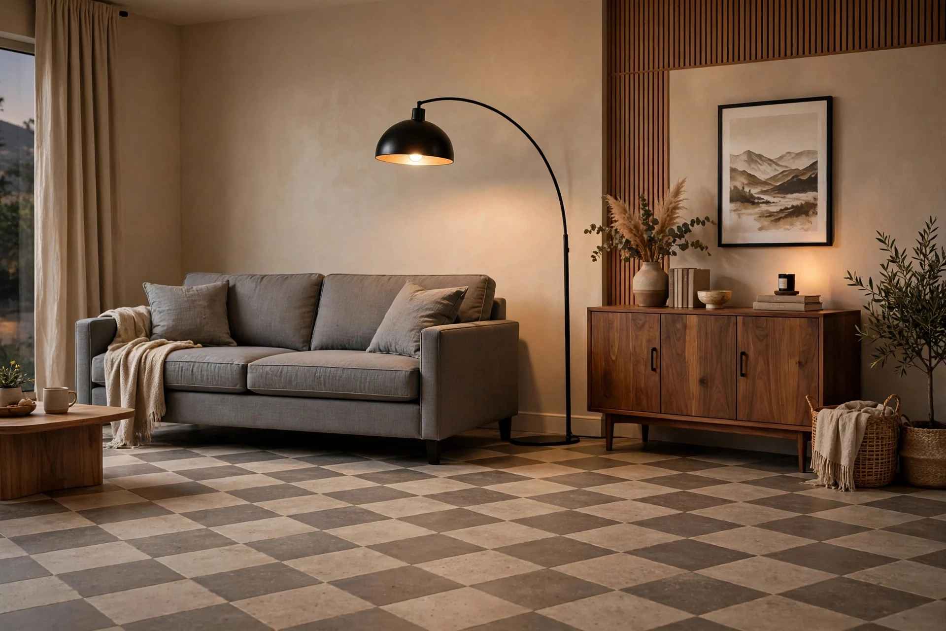 Warm gray and beige checkerboard floor with modern gray sofa