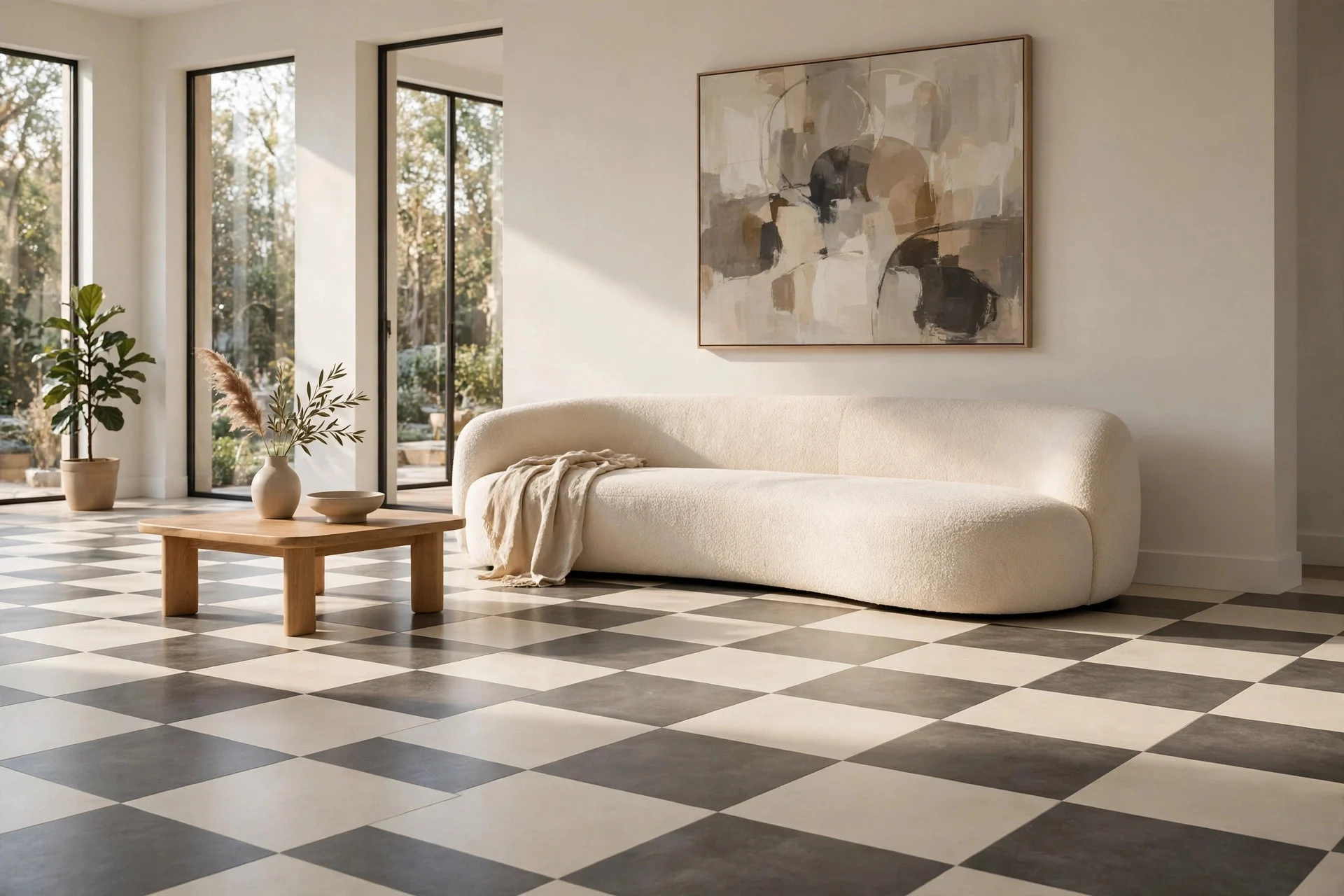Oversized ivory and charcoal checkerboard tiles in minimalist living room