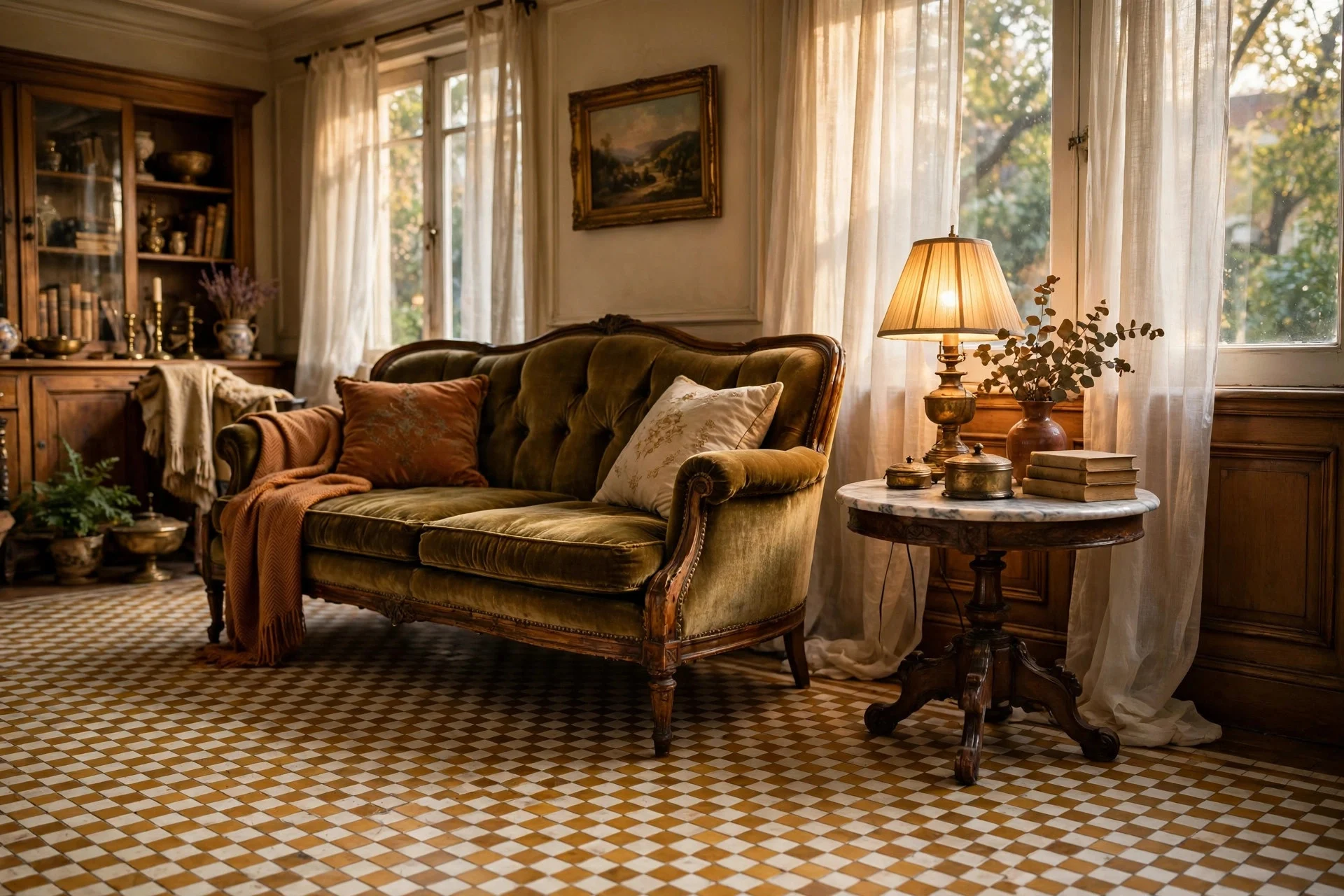 Small vintage honey and cream checkerboard floor with antique furniture