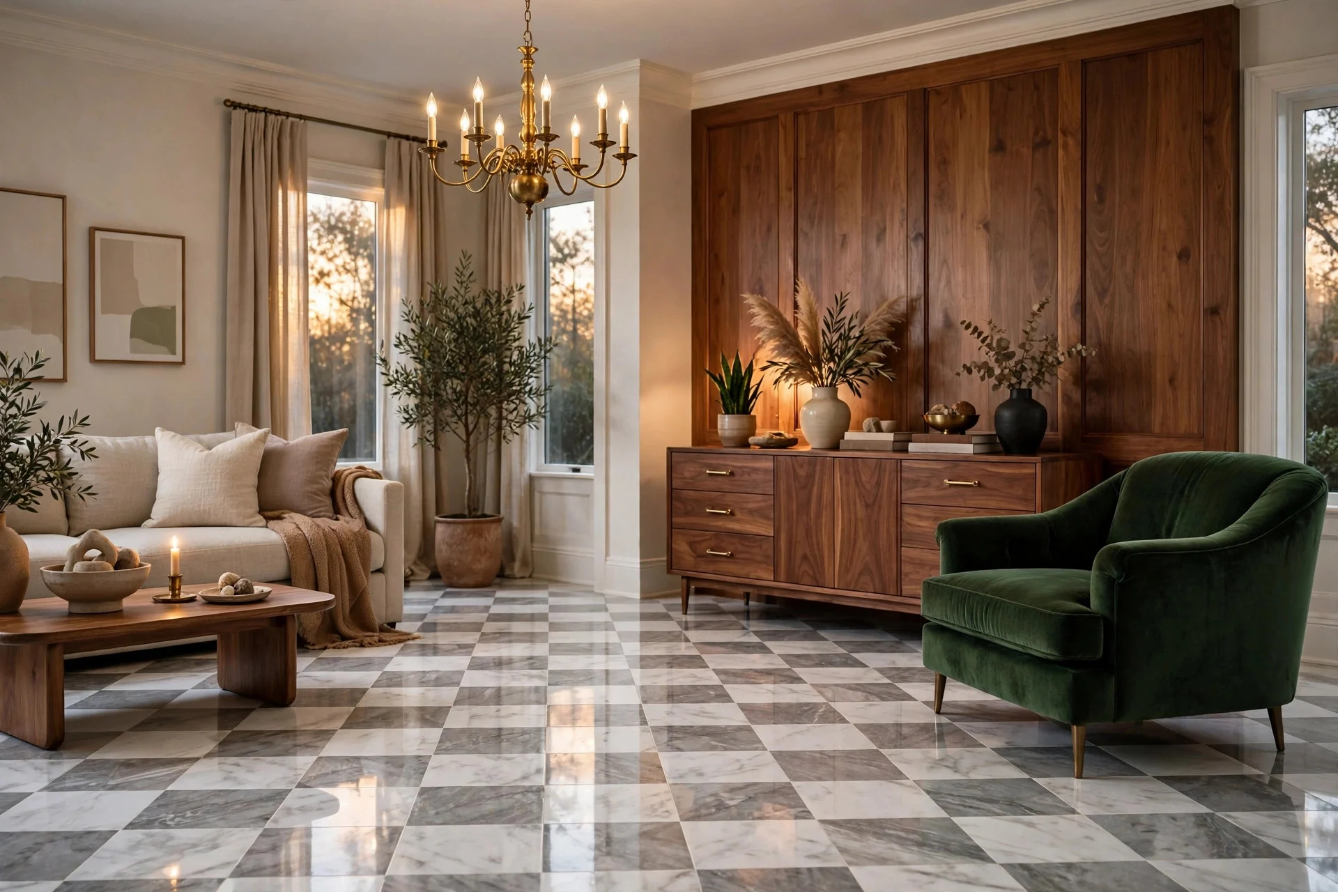 Marble look white and gray checkerboard floor with walnut credenza