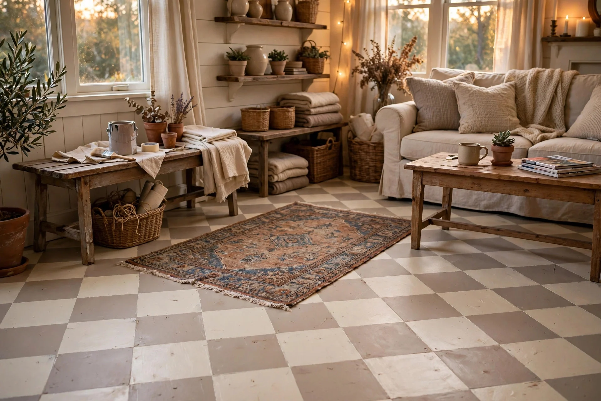 Hand painted cream and taupe checkerboard floor DIY living room
