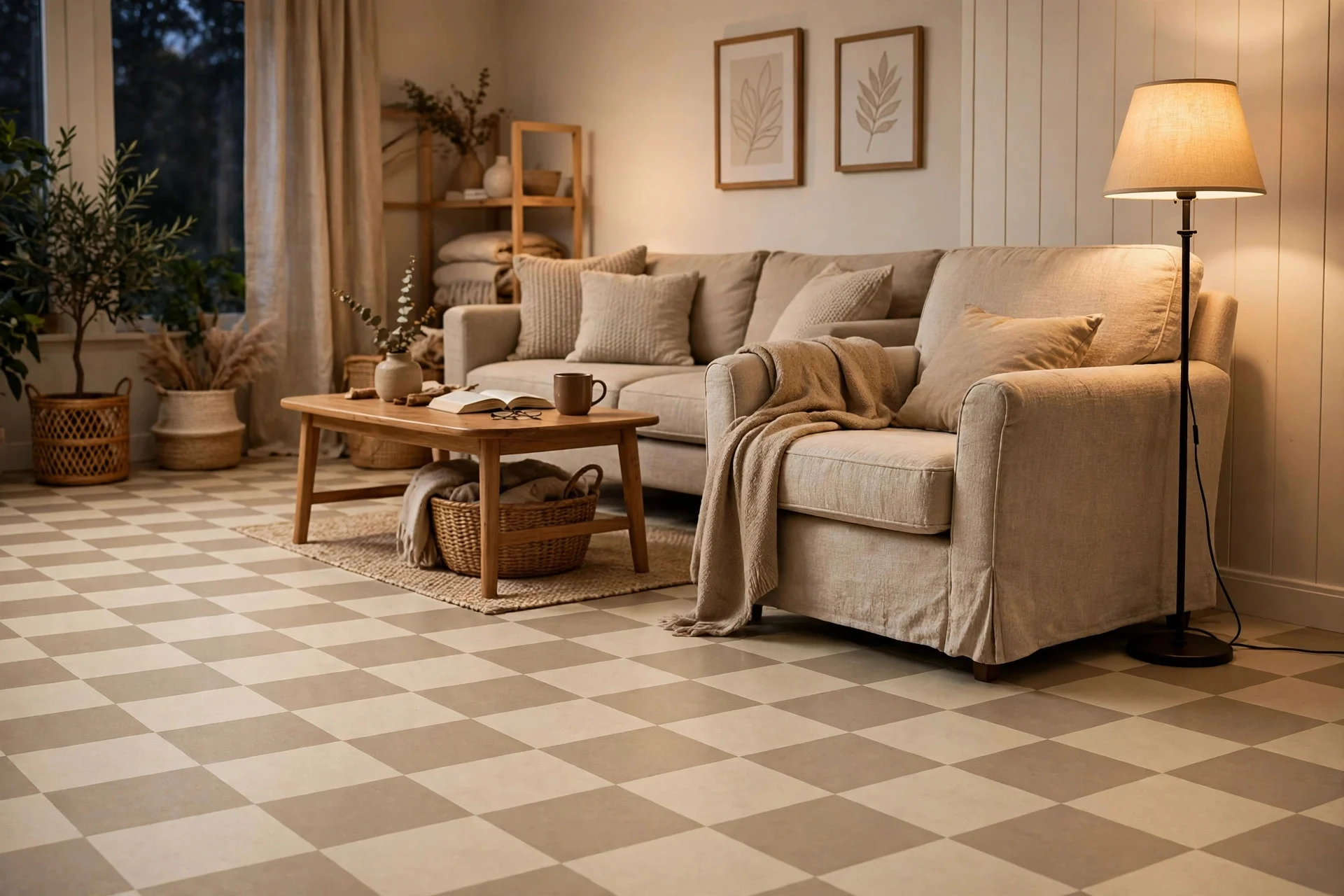 Peel and stick vinyl beige checkerboard floor in rental living room