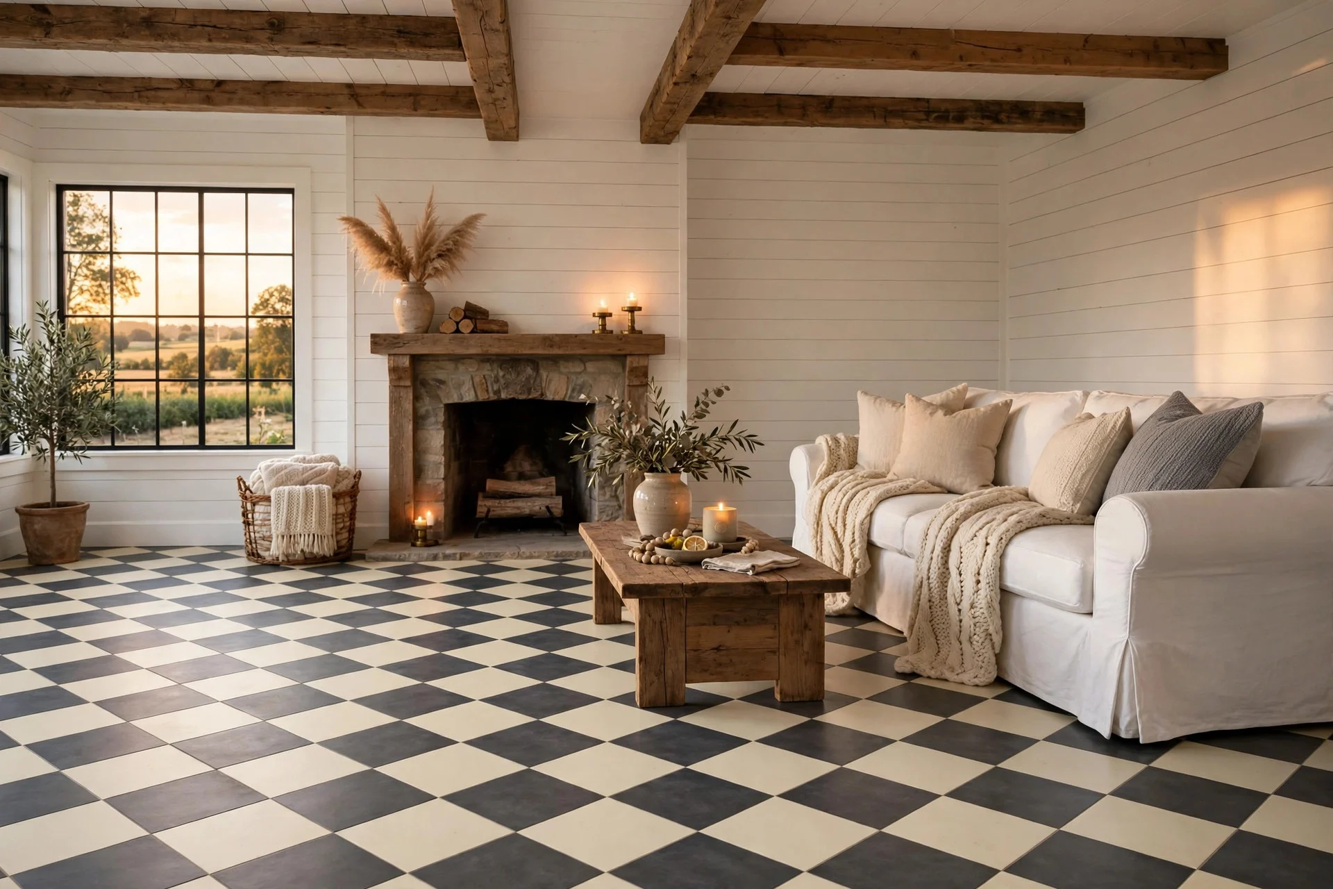 Farmhouse living room with cream and charcoal checkerboard floor