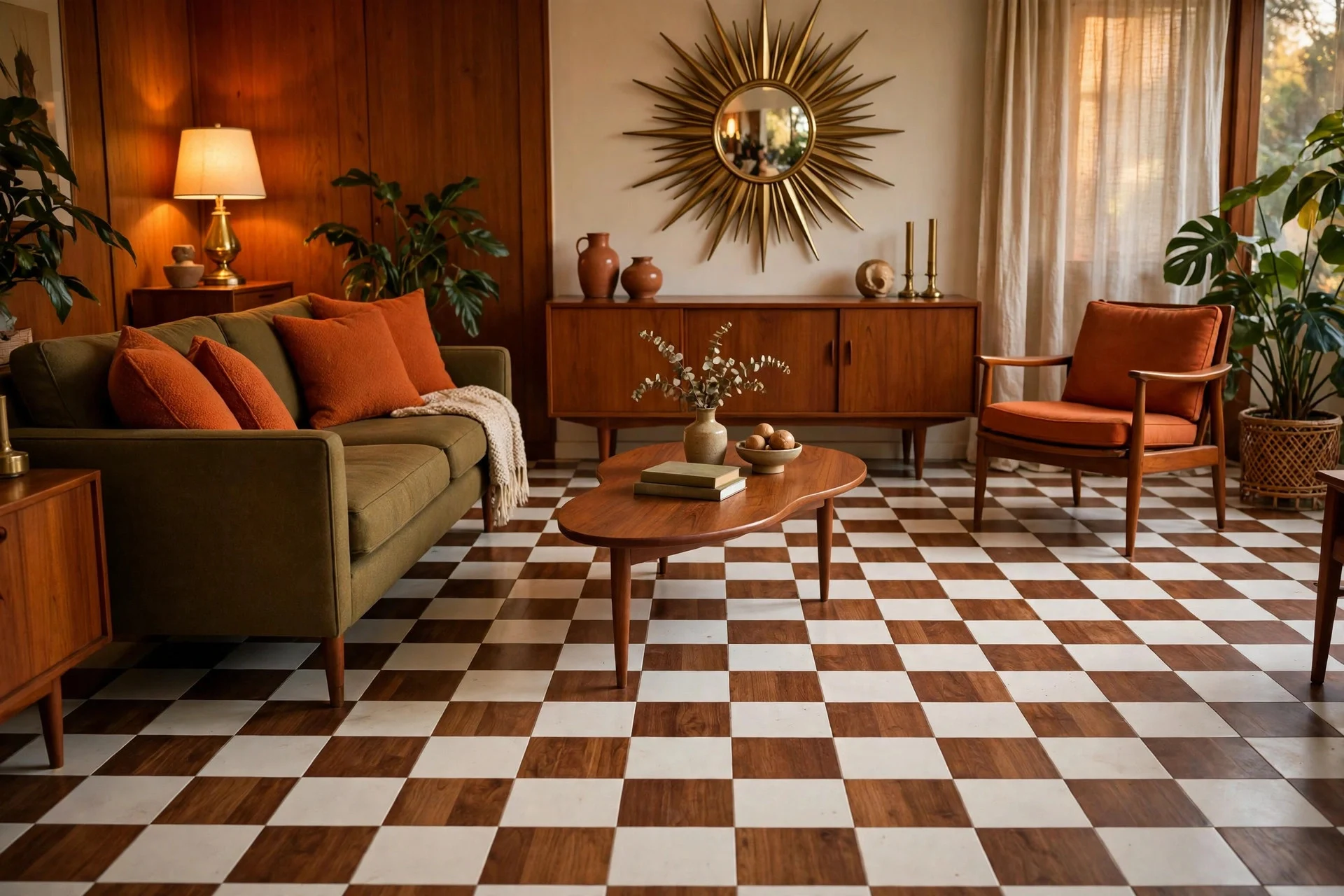 Mid century living room with walnut and white checkerboard floor