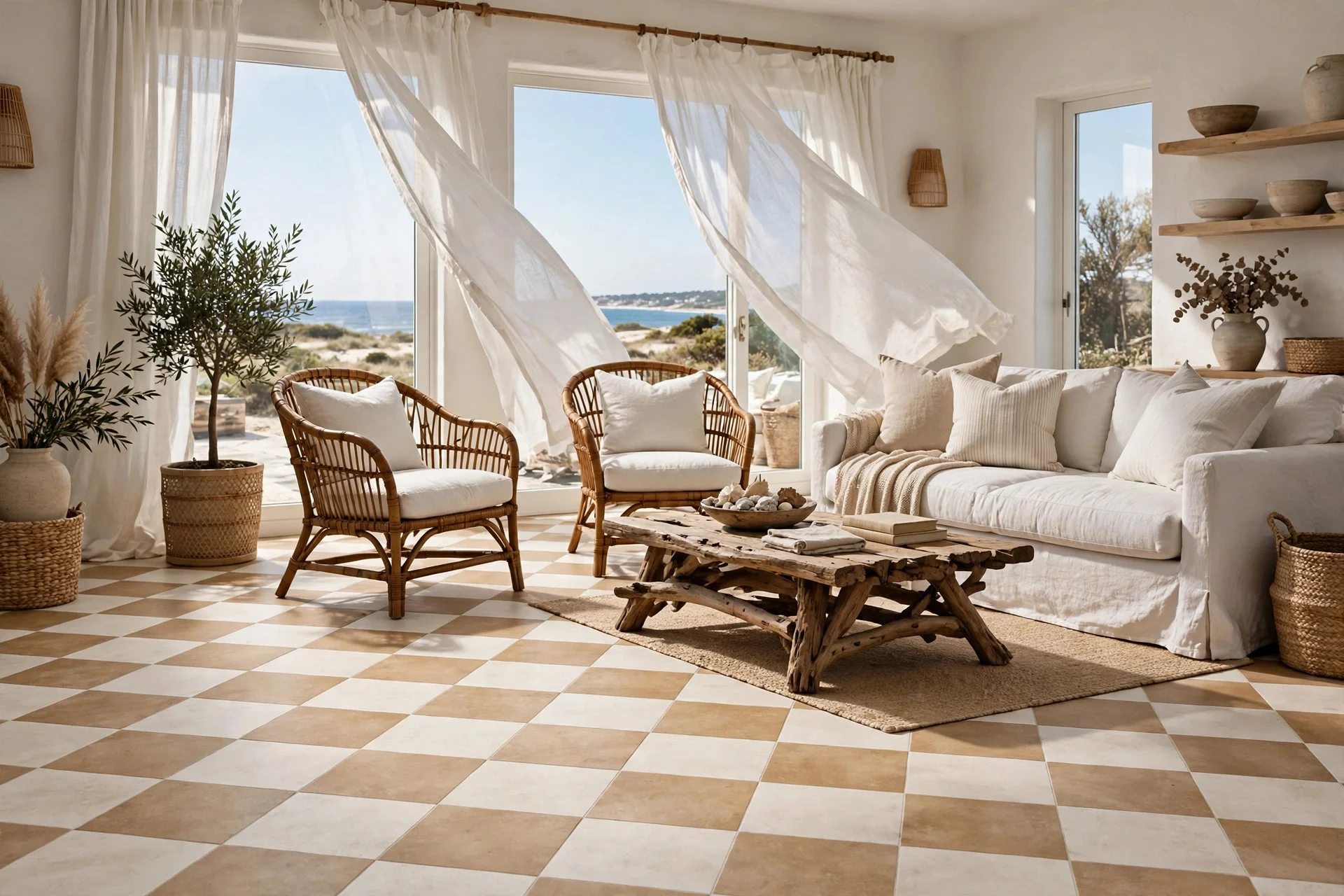 Coastal living room with sand and white checkerboard tile floor