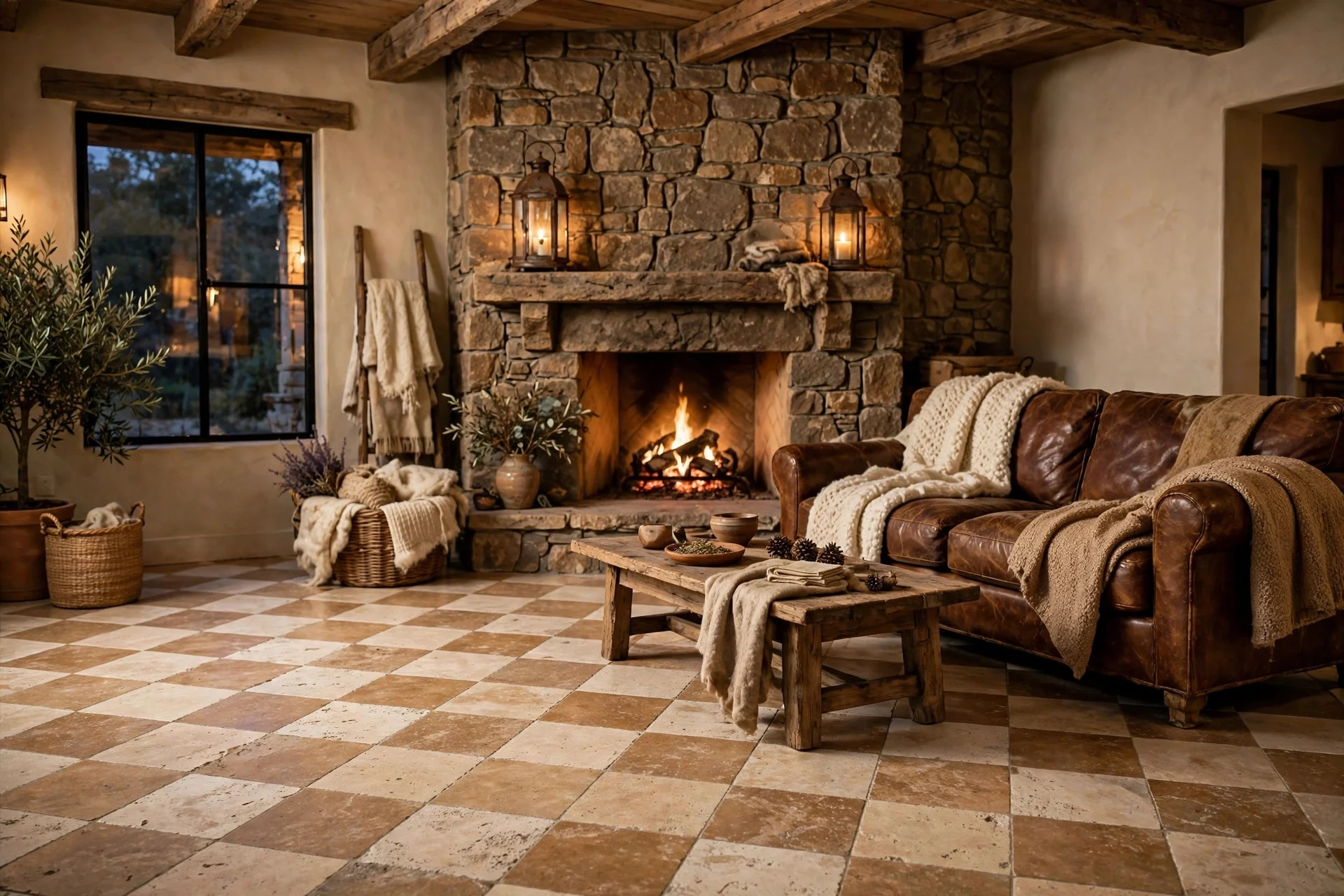 Rustic living room with travertine tan checkerboard floor and fireplace
