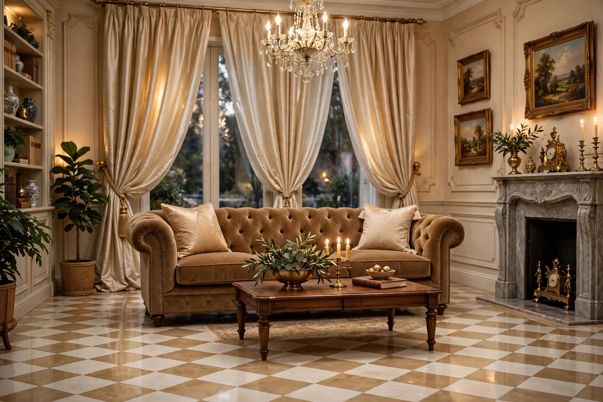 Elegant traditional living room with ivory and gold checkerboard floor