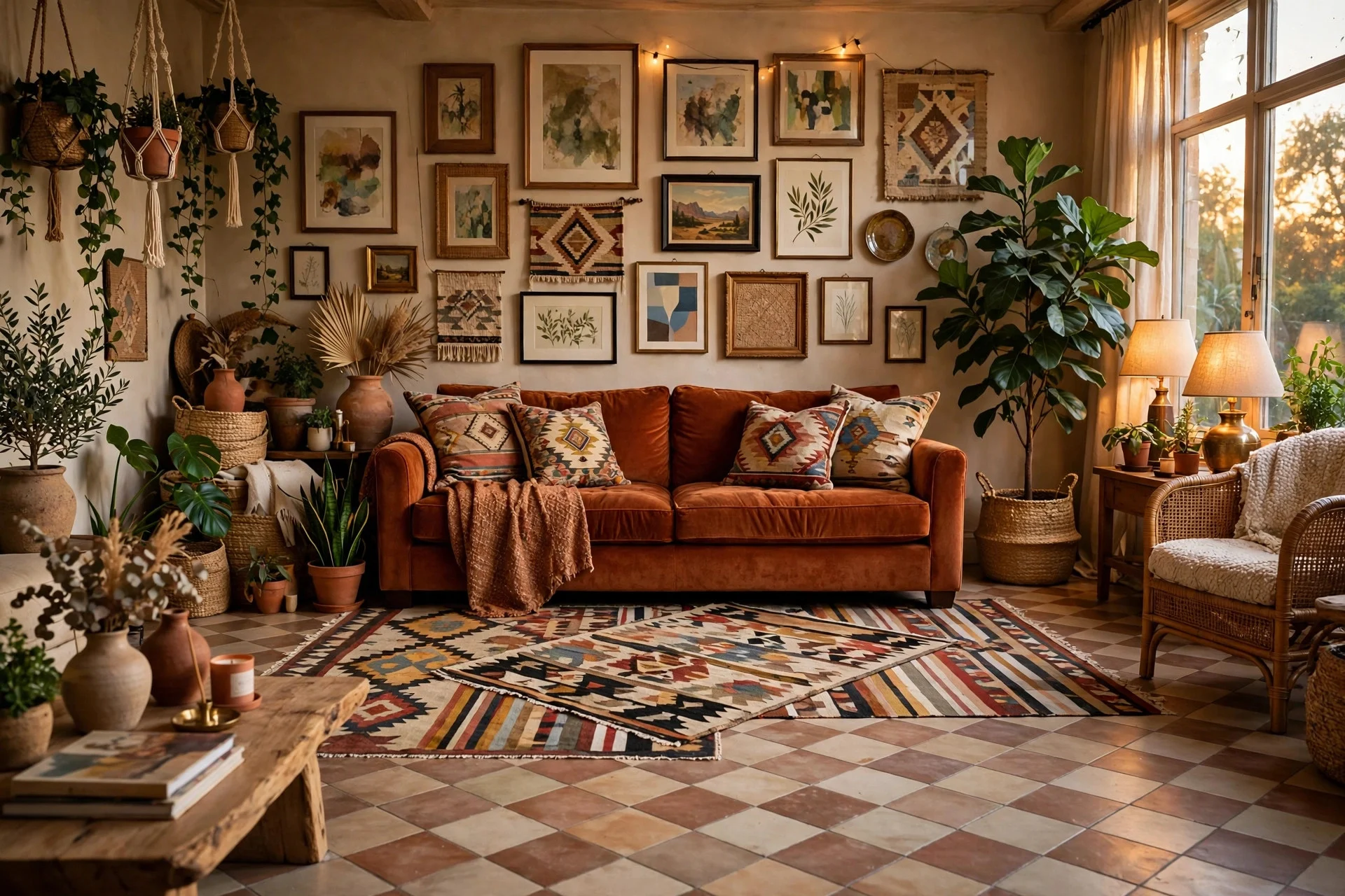 Eclectic living room with multitone cream taupe clay checkerboard floor