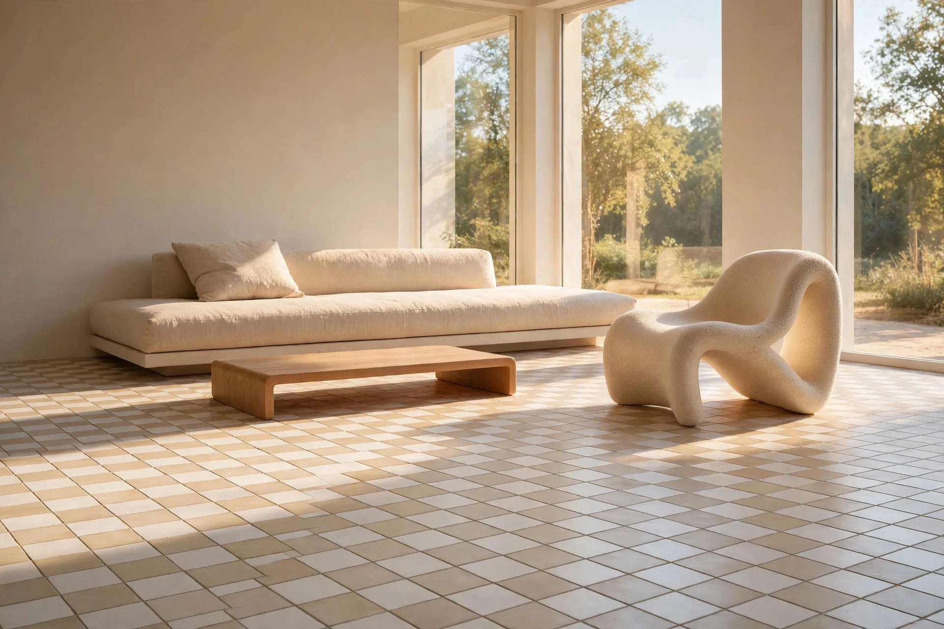 Minimalist living room with warm white and greige checkerboard floor