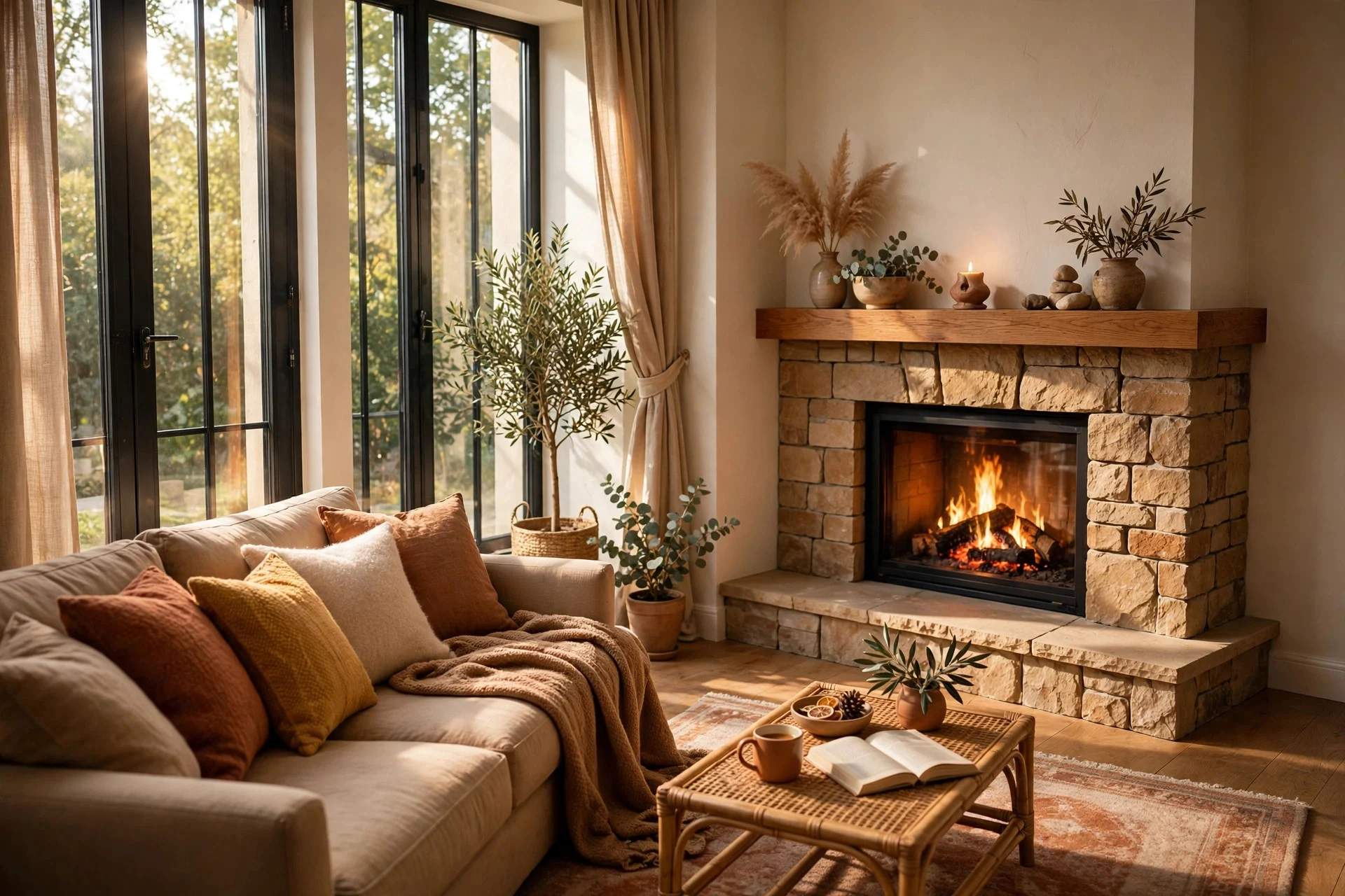 Cozy living room with a glowing corner fireplace in warm daylight