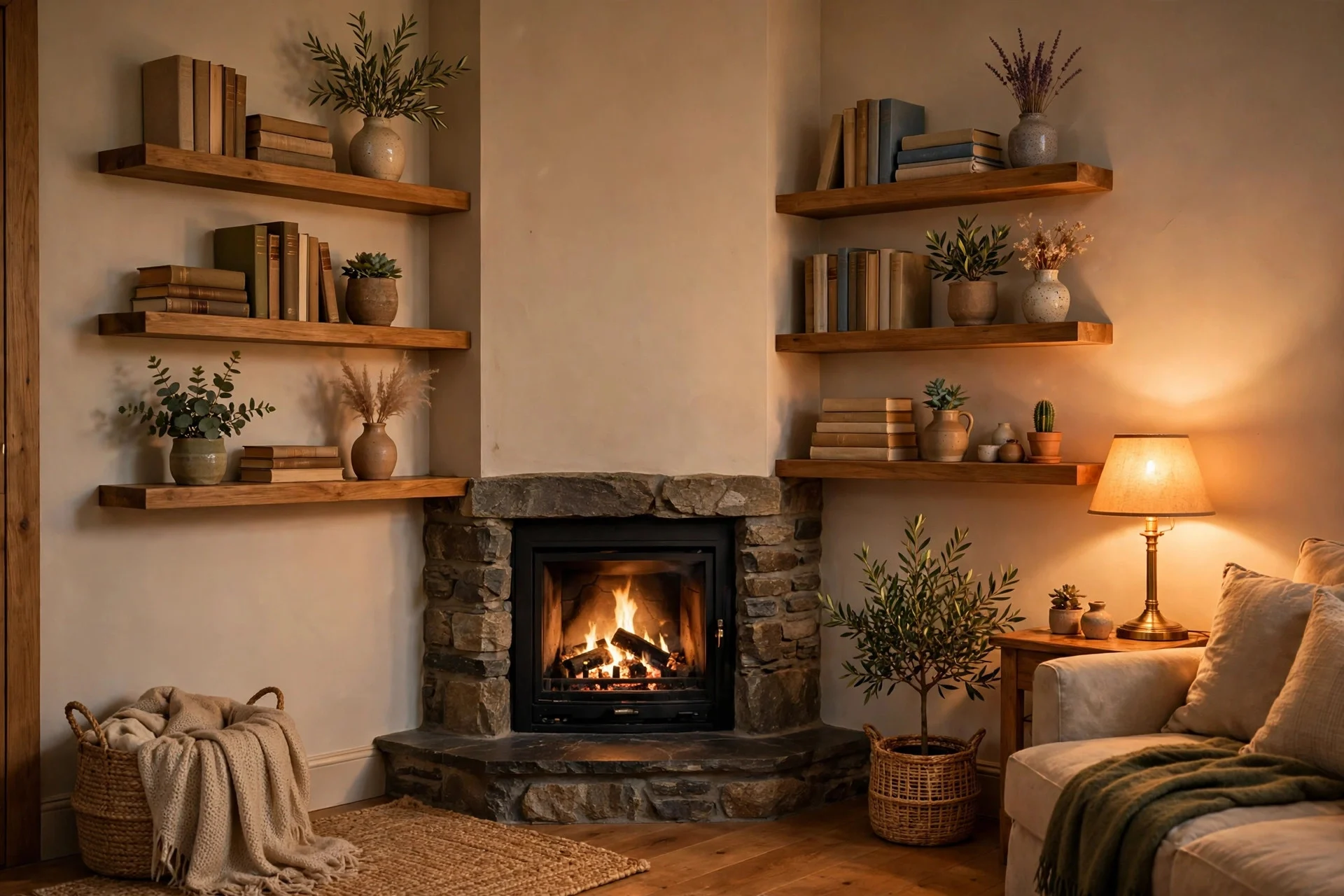 Floating wooden shelves flanking a corner fireplace with books and plants