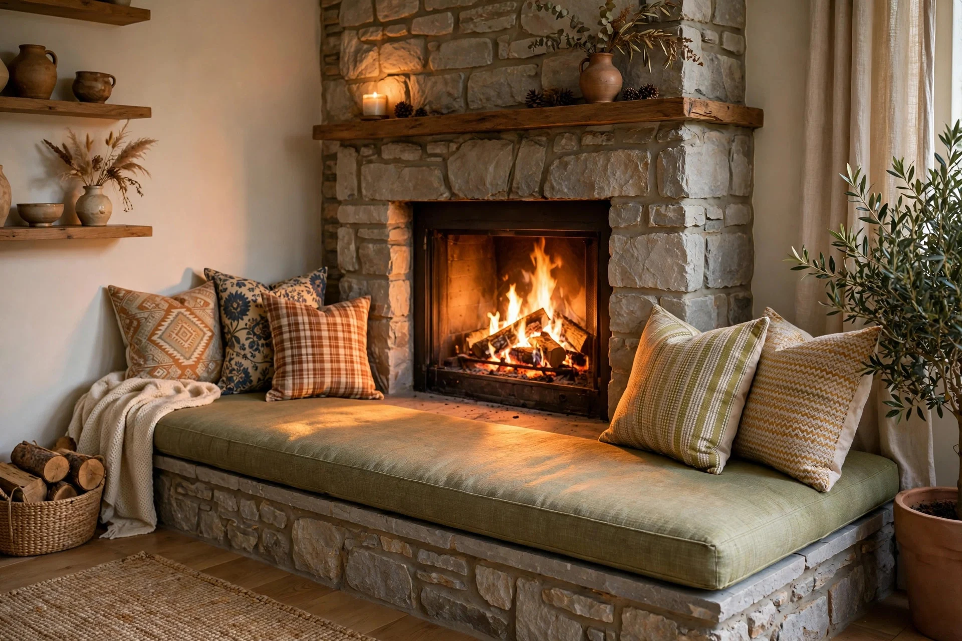 Cushioned bench seating along a stone corner fireplace hearth base