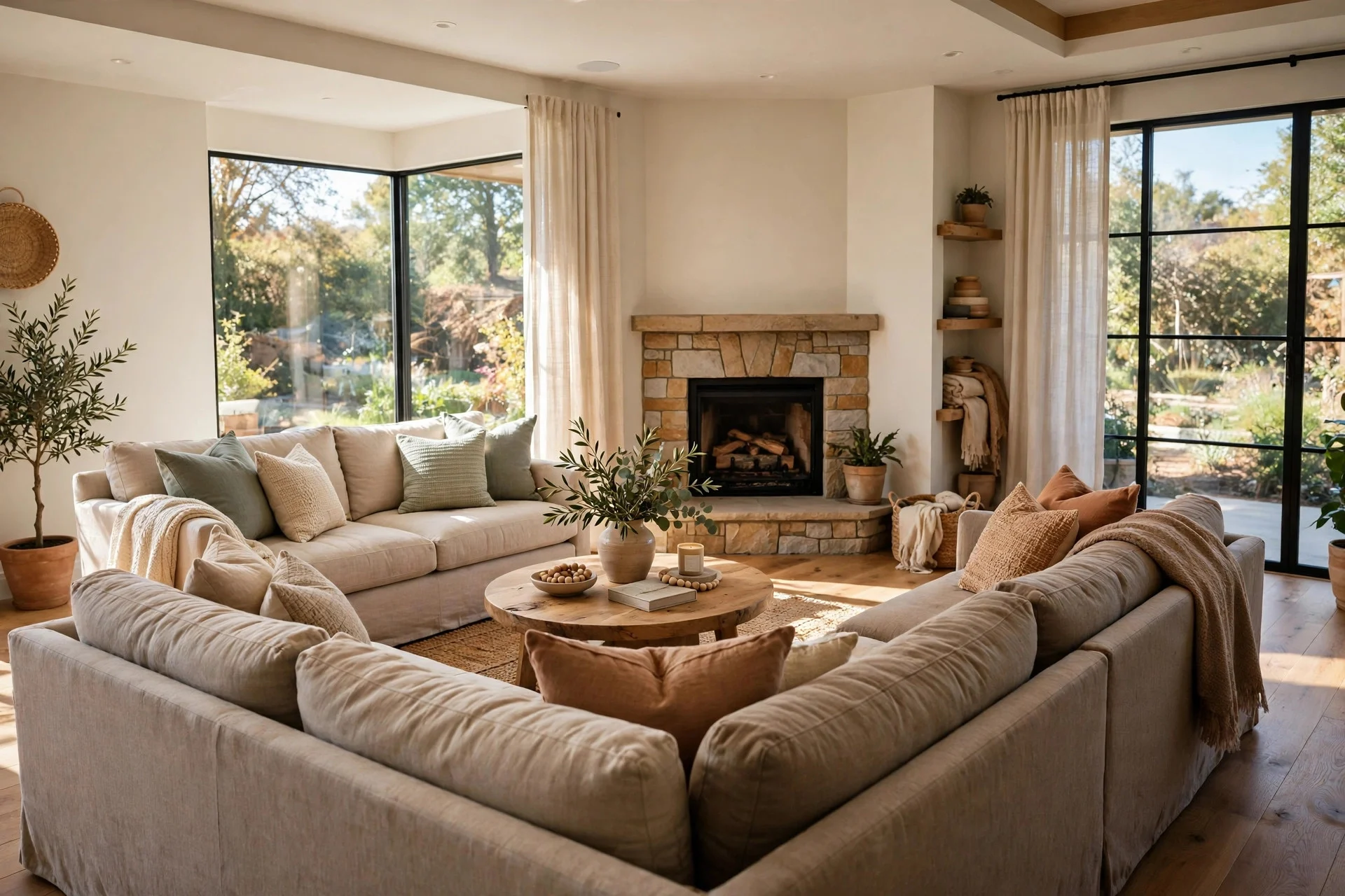 Two sofas angled diagonally toward a corner fireplace conversation zone
