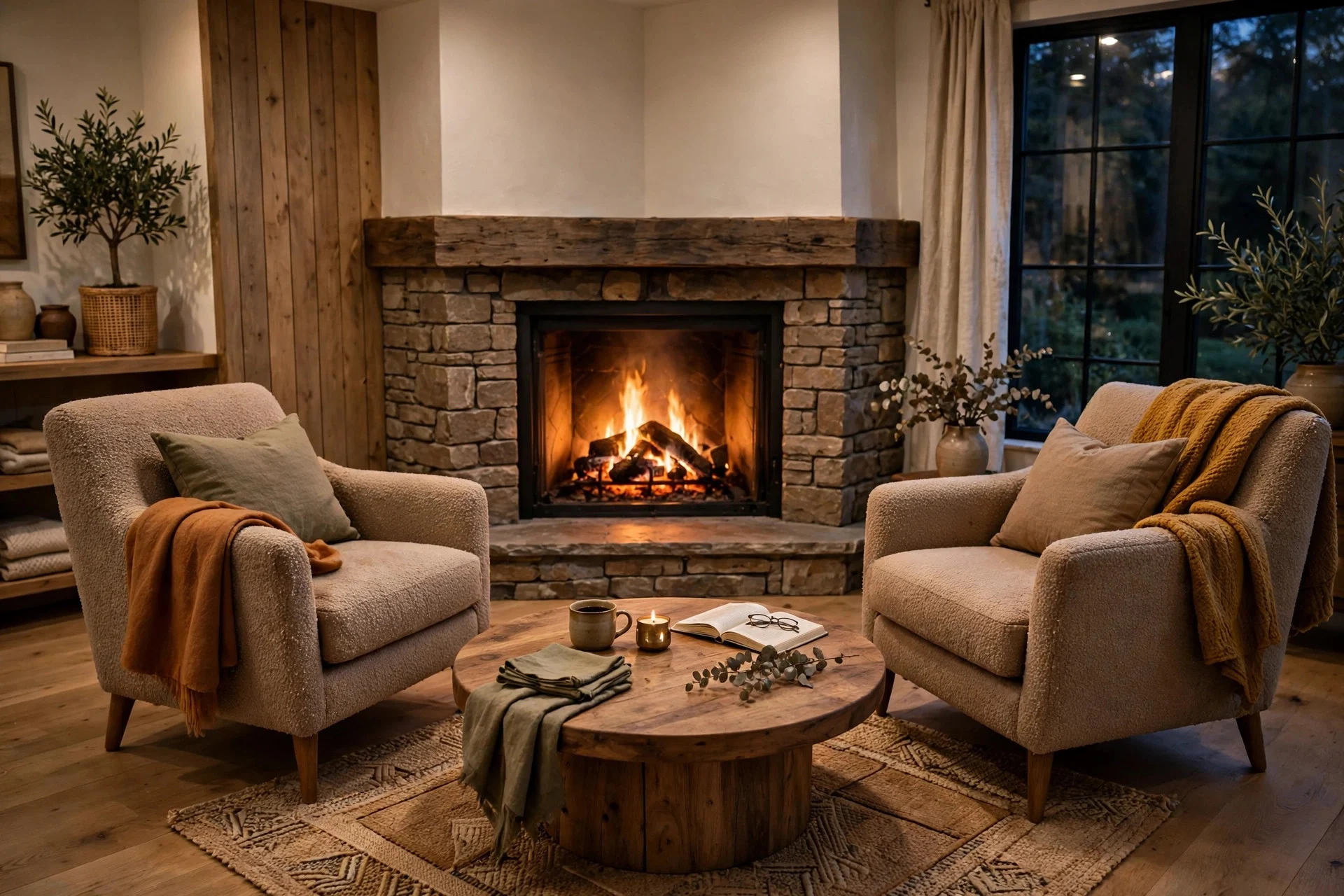 Round wooden coffee table centered before a corner fireplace