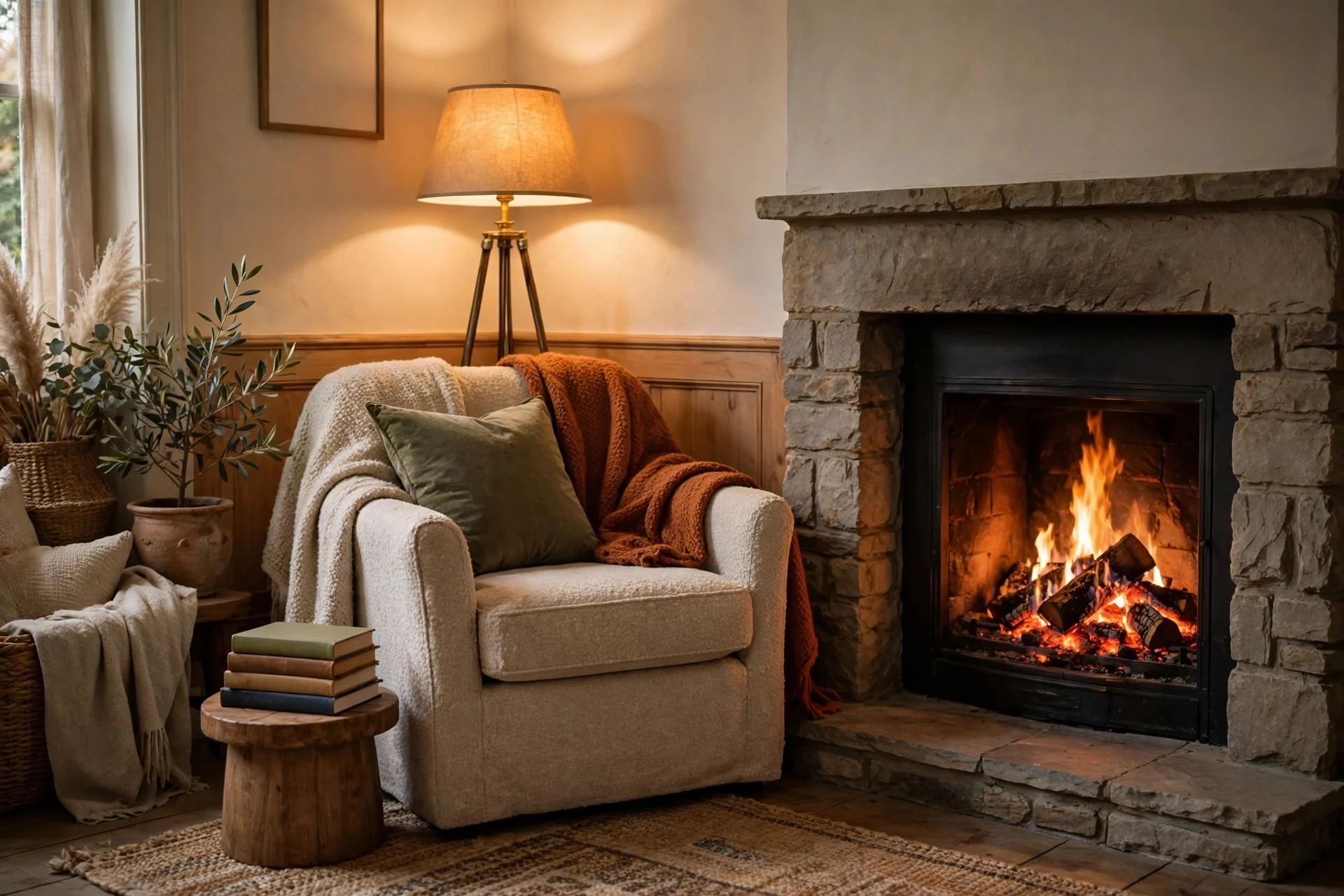 Reading chair tucked beside a corner fireplace with lamp